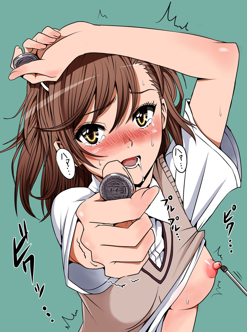 10s 1girls 2013 ^^^ alternate_breast_size alternate_eye_color areolae armpit_peek blush breasts brown_hair coin drooling erect_nipples female female_only green_background hi_res human inu_(marukome) medium_breasts misaka_mikoto nipples open_mouth pointer saliva school_uniform schoolgirl short_hair solo sweat sweater_vest tears teenage_girl teenager to_aru_kagaku_no_railgun to_aru_majutsu_no_index tokiwadai_school_uniform yellow_eyes young