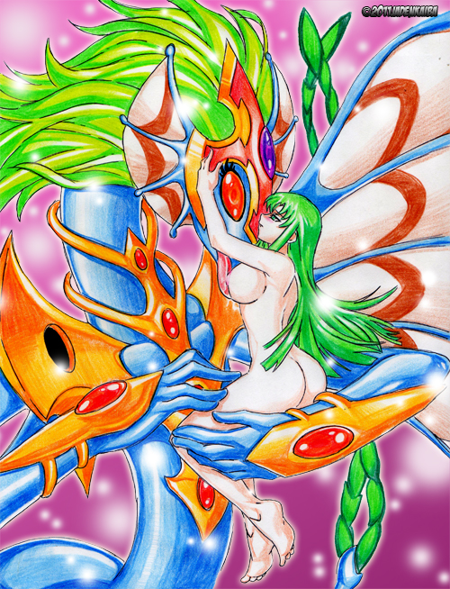 2girls ancient_fairy_dragon breast_lick breasts dragon fairy_wings female female_only green_eyes green_hair luna_(yu-gi-oh!) multiple_girls red_eyes tagme yu-gi-oh!