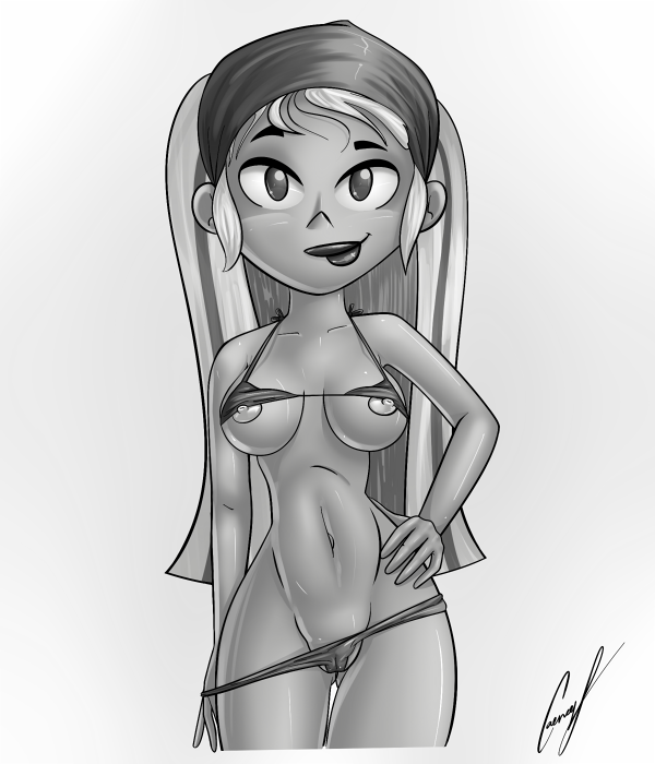 1girls areolae bandana bikini breasts caencel female female_only greyscale human human_only lindsay_(tdi) lips long_hair looking_at_viewer nipples shiny_skin total_drama_island undressing white_background