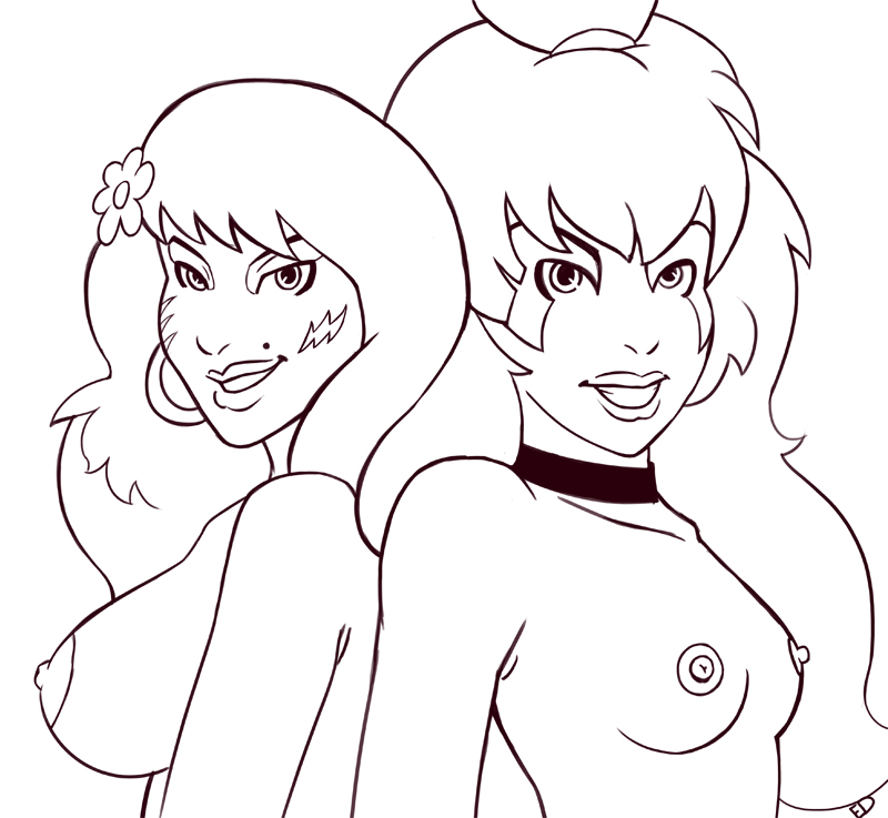 2girls edmd female flower jem_and_the_holograms kimber_benton large_breasts mole multiple_girls small_breasts stormer tagme