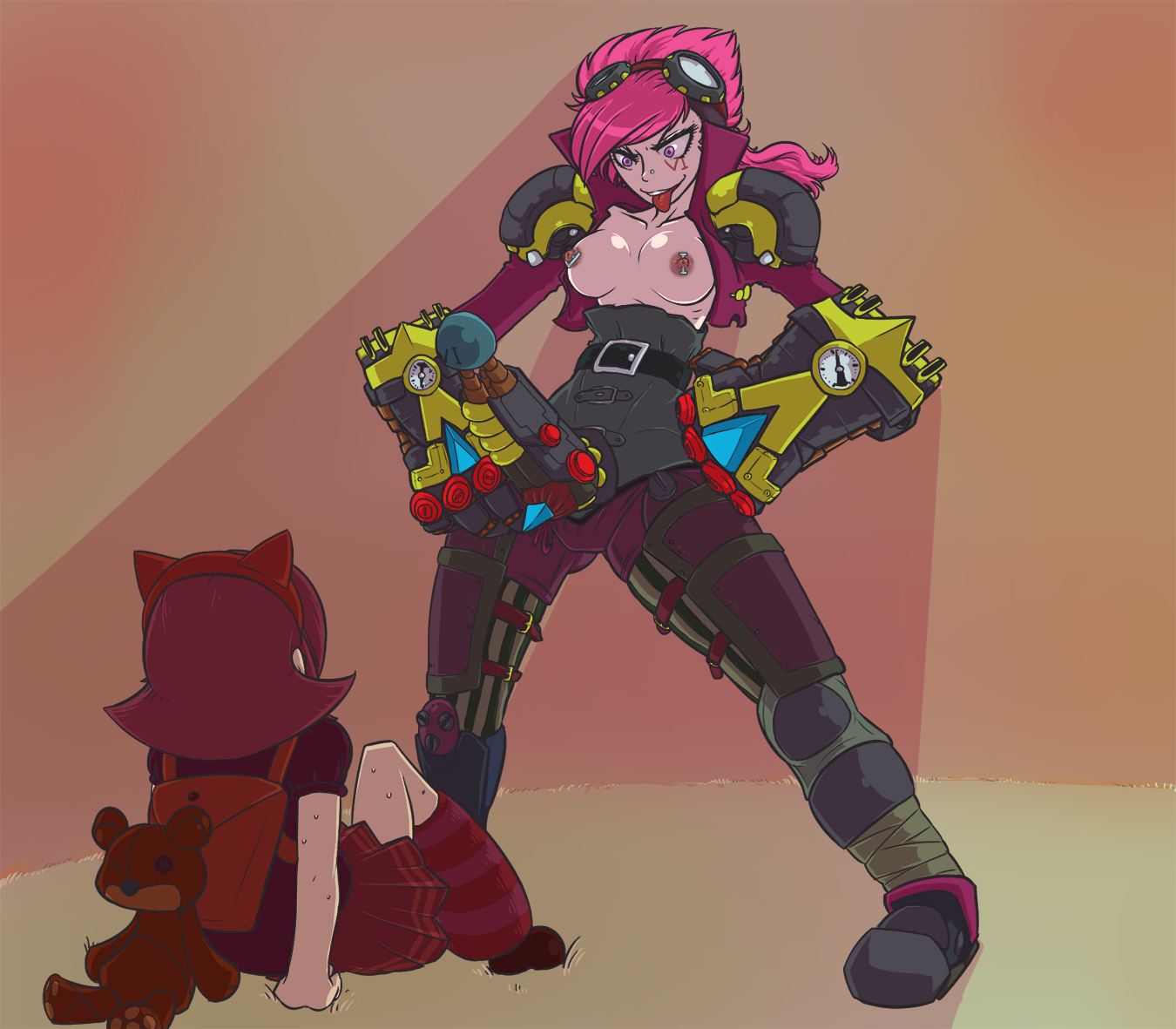 2girls, animal ears, annie hastur, breasts, brown hair, color, female, female only, gloves, goggles, imminent rape, league of legends, long hair, mecha, multiple females, multiple girls, nipple piercing, nipples, open clothes, open eyes, piercing, pink hair, ponytail, purple eyes, short hair, smile, strap-on, strapon, thetenk, tied hair, tongue, topless, vi, yuri