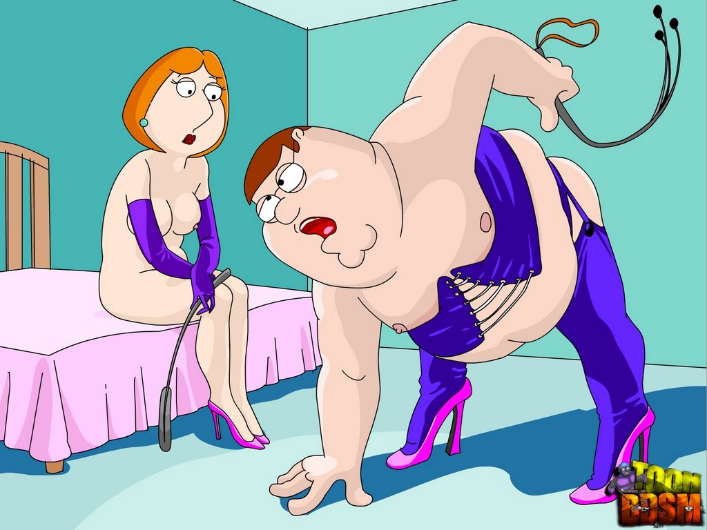 1boy 1girls bed black_eyes breasts brown_hair corset crop crossdressing family_guy fat female high_heels human lois_griffin male male_nipples nipples open_mouth orange_hair peter_griffin purple_legwear sitting stockings straight toon_bdsm what