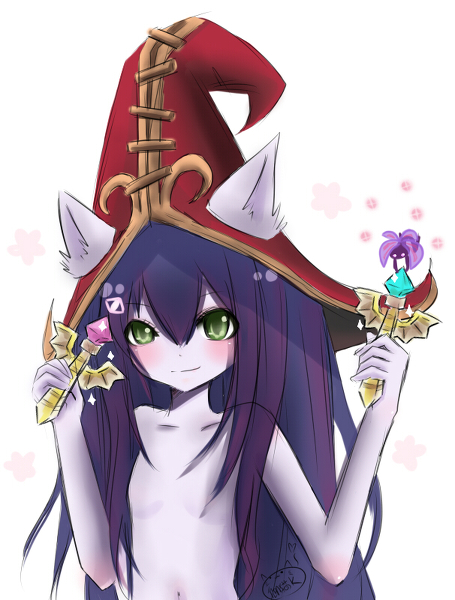 blush green_eyes league_of_legends long_hair looking_at_viewer lulu_the_fae_sorceress pettanko pink_ward purple_hair purple_skin riot_games smile vision_ward yordle