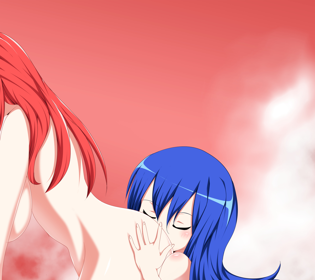 2girls, anilingus, blue hair, blue-haired female, breasts, closed eyes, erza scarlet, fairy tail, female, female only, from behind, large breasts, multiple females, multiple girls, oral sex, pale skin, passionate, red hair, red-haired female, sideboob, surprised, wendy marvell, yuri