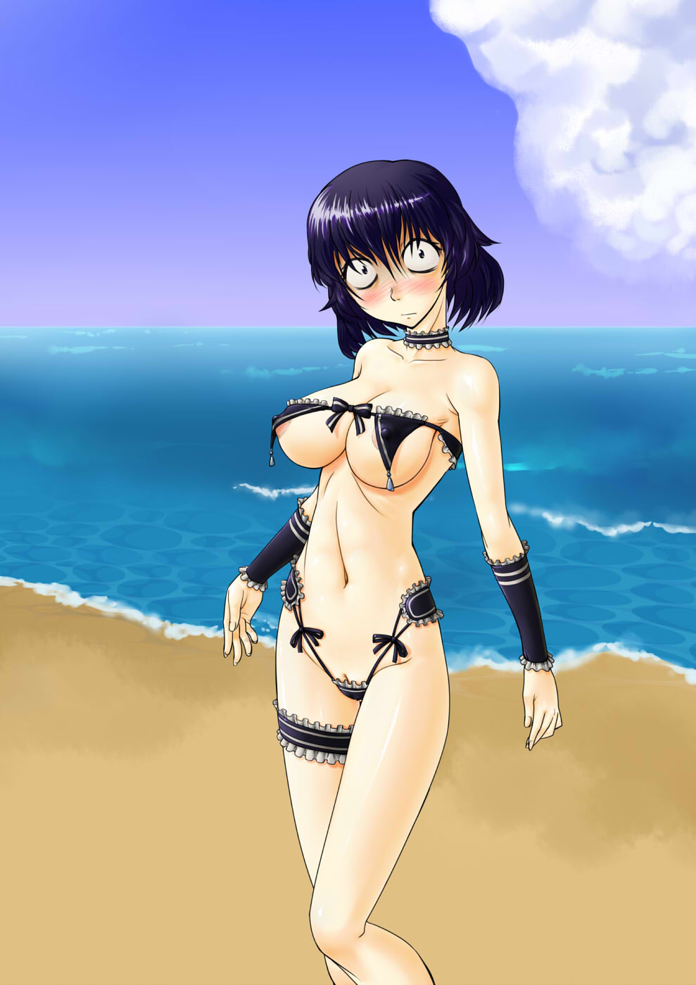 arm_bands beach blushing blushing_at_viewer blushing_female blushing_profusely choker embarrassed embarrassed_exposed_female embarrassed_female exposed frilly_clothing garters knees_together_feet_apart large_breasts leg_band lingerie lingerie_only nipple_slip nunotaba_shinobu pink_nipples self-conscious skimpy skimpy_bikini solo solo_female solo_focus tagme to_aru_kagaku_no_railgun to_aru_majutsu_no_index