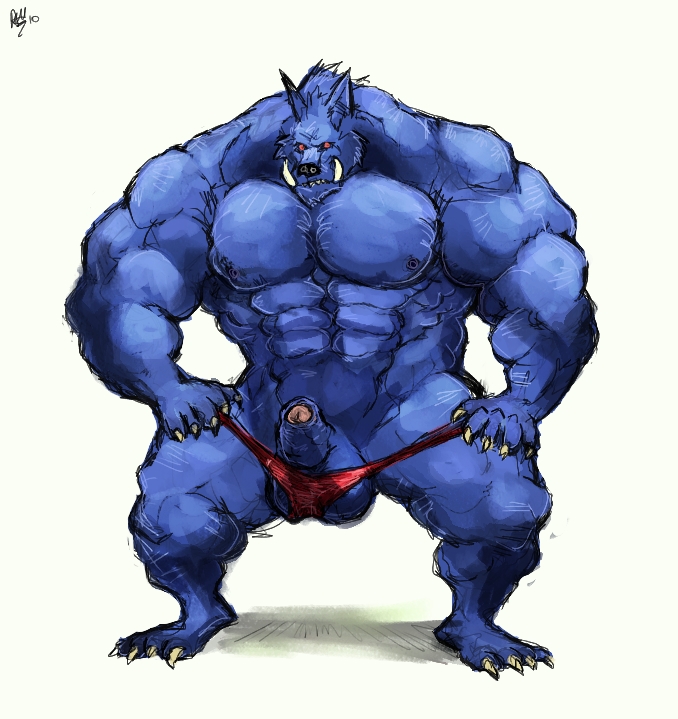 anthro aokmaidu bara color erection furry furry_only huge_muscles hyper hyper_muscles league_of_legends male male_only muscular penis simple_background standing uncensored warwick white_background