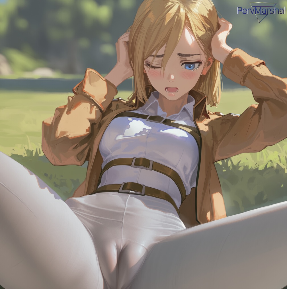 1girls, ai generated, attack on titan, blonde hair, blush, cameltoe, female, female only, historia reiss, marshalperv, pain, pervmarshal, shiny skin, solo female, spread legs, thick thighs, white pants