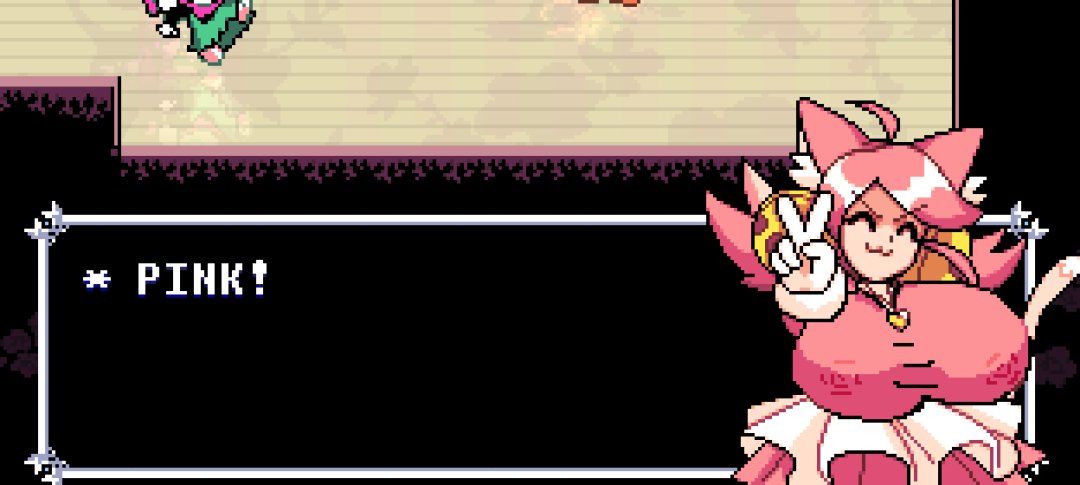 :3, 2026, 2d, artist request, big breasts, breasts bigger than head, cat ears, cat tail, catgirl, closed eyes, deltarune, deltarune chapter 5, dialogue, long hair, mad mew mew, mew mew kissy cutie, nipples visible through clothing, pink (deltarune), pink hair, pink shirt, sprite edit, text, toby fox, undertale, v sign, white gloves, white skirt