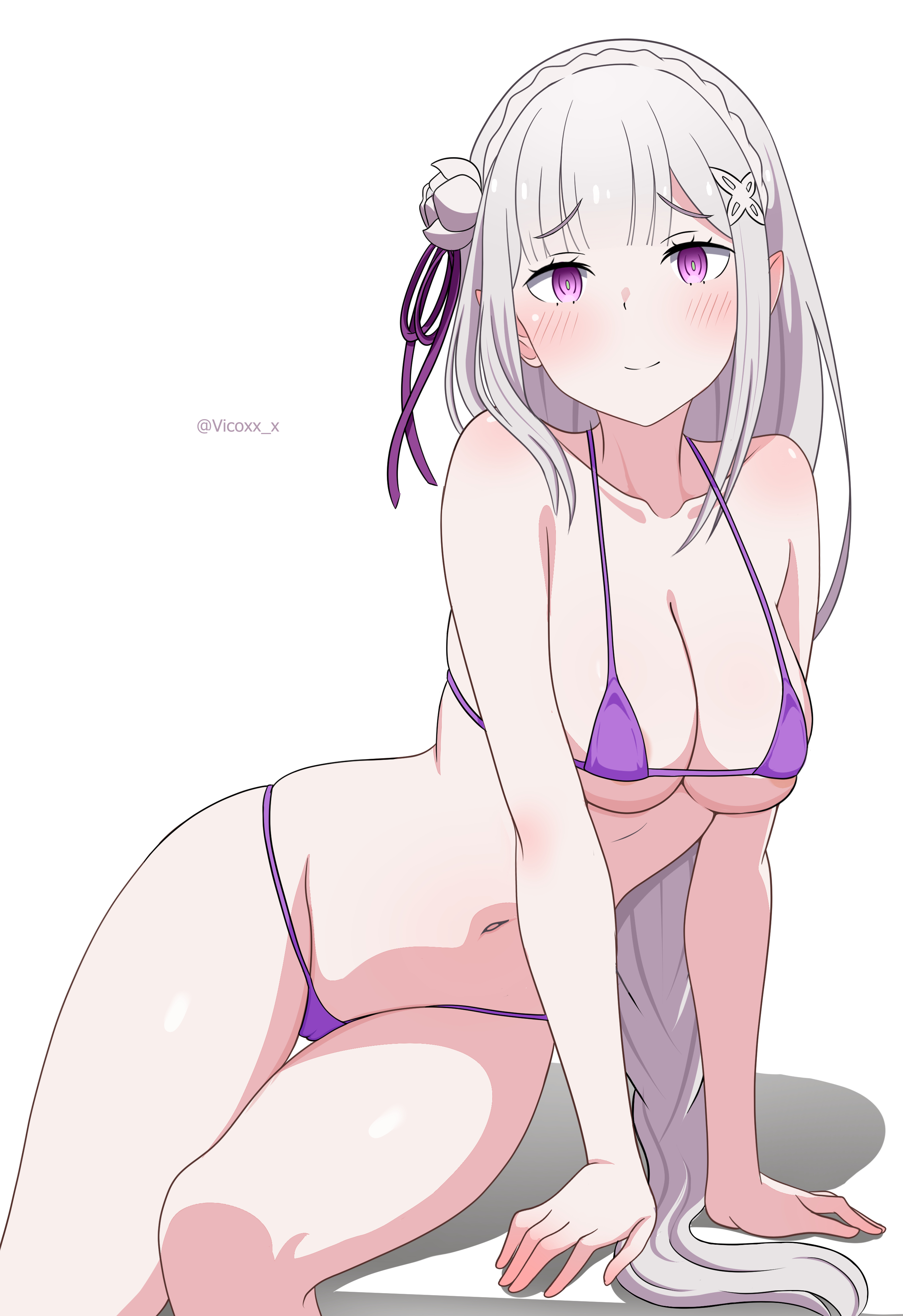 1girls, belly, cleavage, elf, elf ears, elf female, emilia (re:zero), half naked, large breasts, looking at viewer, micro bikini, purple eyes, re:zero kara hajimeru isekai seikatsu, silver hair, solo, swimsuit, thighs, vicoxx, white background