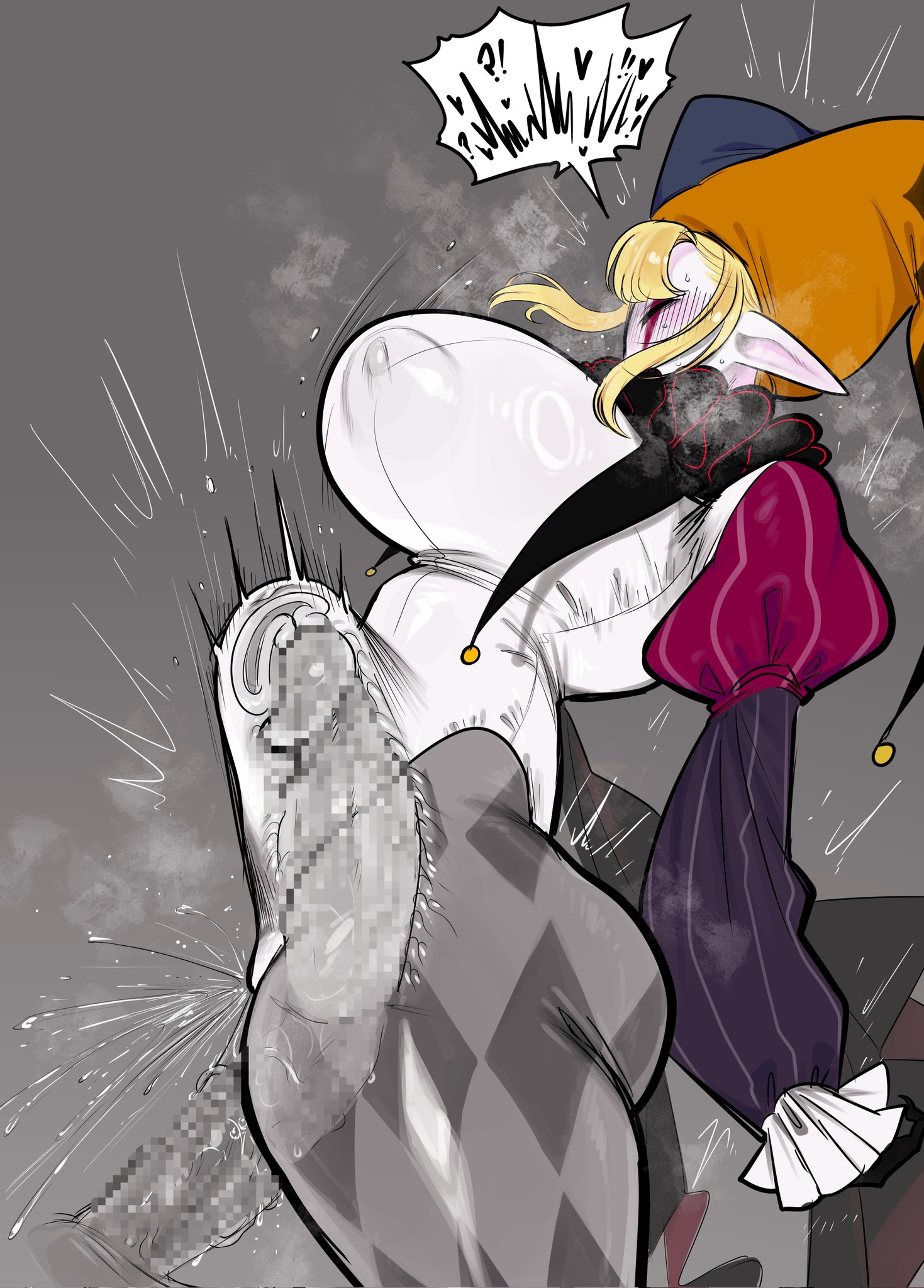 alternate version at source, big breasts, blush, cervix kiss, elf ears, female, heretic idan, jester, jester hat, jester outfit, nlebo hentai, someone else's oc, stomach bulge, vaginal penetration