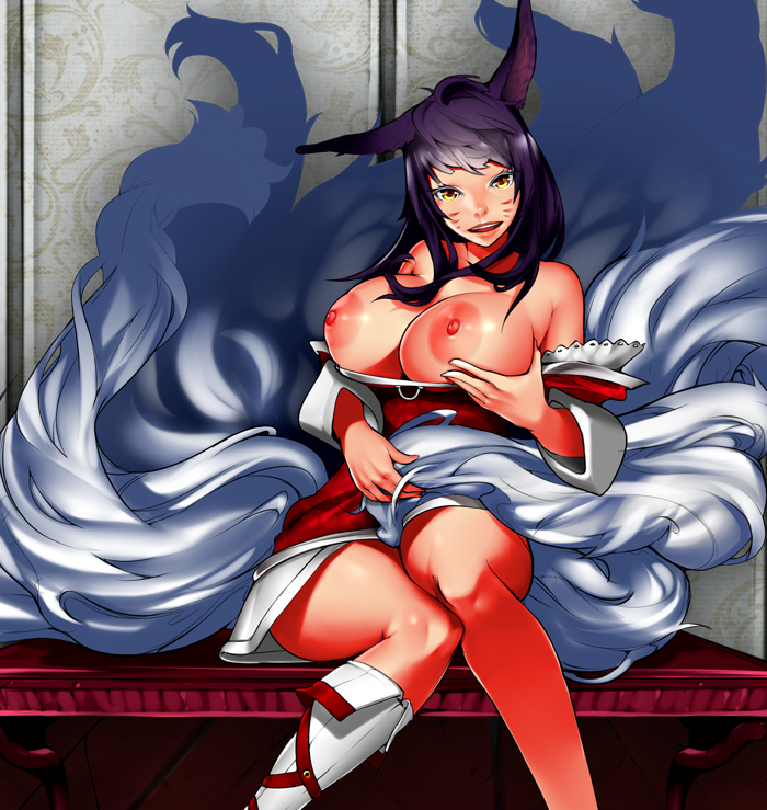 ahri animal_ears breasts fluffy_tail fox_ears fox_girl fur furry_tail hair humanoid kemonomimi large_breasts league_of_legends multiple_tails nipples purple_hair tail yellow_eyes zerosabort