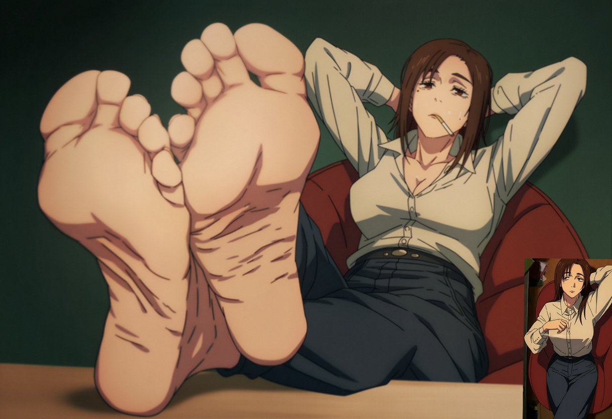 1girls, barefoot, blush, cigarette, feet, female, femdom, first person view, foot fetish, horny, jujutsu kaisen, looking at viewer, musk, musk clouds, musky feet, office clothing, office lady, pleasure face, pov, pov eye contact, pov feet, red hair, shoko ieiri, smell, smelly, smelly feet, solo, sweat, sweatdrop, sweating, sweaty, sweaty body, sweaty feet, timruya, wrinkled feet