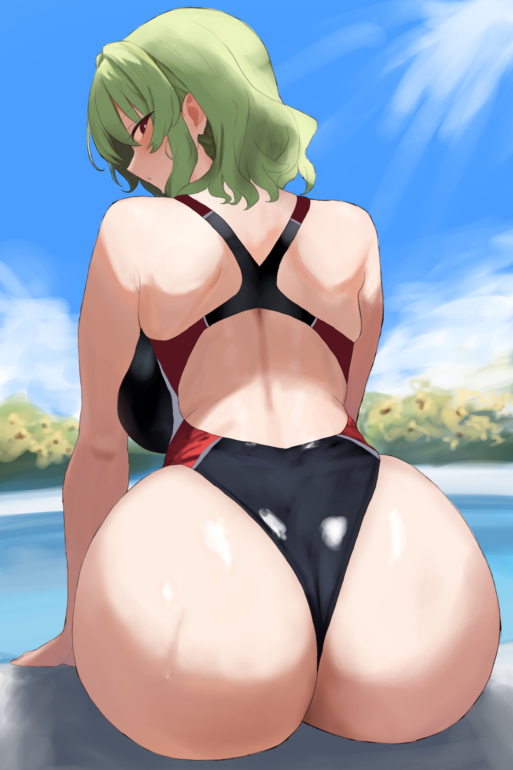 1girl, 1girls, ass, ass focus, back view, backboob, big ass, big breasts, big butt, blush, blushing, breasts, butt, butt focus, competition swimsuit, female only, flower, green hair, hi res, high resolution, highres, hips, hips wider than shoulders, kazami yuuka, large breasts, light blush, light skin, light-skinned female, looking at viewer, looking back, looking back at viewer, moriforest1040, one-piece swimsuit, outdoors, plump, plump ass, poolside, red eyes, short hair, sitting, sky, solo, sunflower, swimming pool, swimsuit, swimwear, touhou, wide hips, youkai, yuka kazami, yuuka kazami