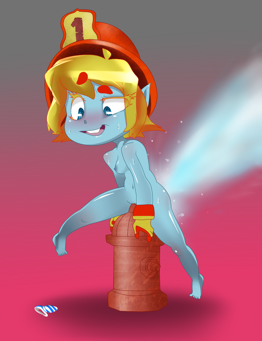 barefoot blue_eyes boggle completely_nude fire_helmet fire_hydrant firefighter_tristana league_of_legends no_shoes pointy_ears riding short_hair shortstack sweat tagme the_grind_series too_big tristana yordle