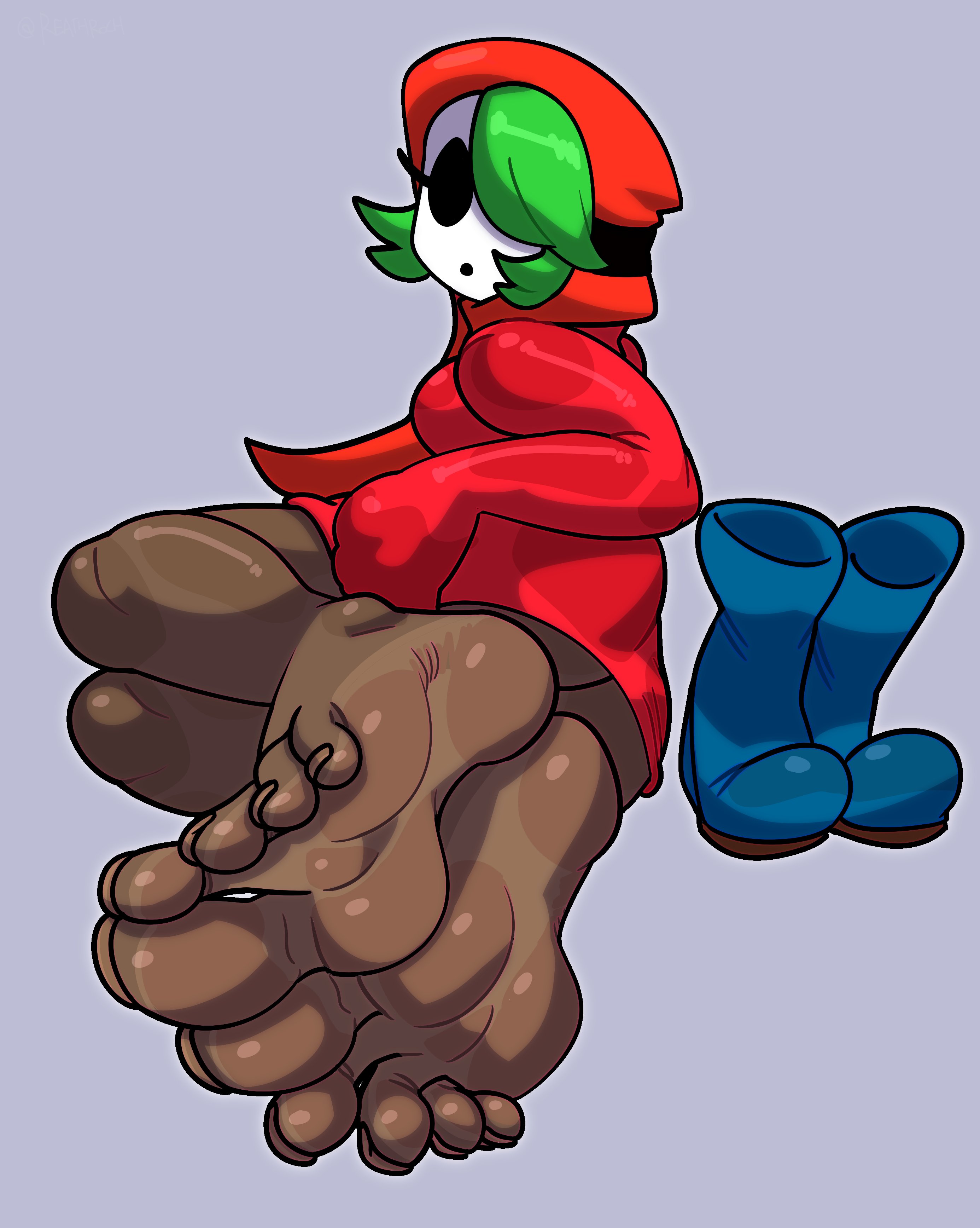 1girl, 1girls, 2026, alternate version available, barefeet, barefoot, boots, clothed, clothing, commission, commission art, commissioner upload, dark skin, dark-skinned female, feet, female, female only, foot fetish, foot focus, green hair, hair over one eye, hoodie, mario (series), mask, minus8, nintendo, reathroch, shy gal, shy gal red, sole female, soles, solo, solo female, toes, watermark