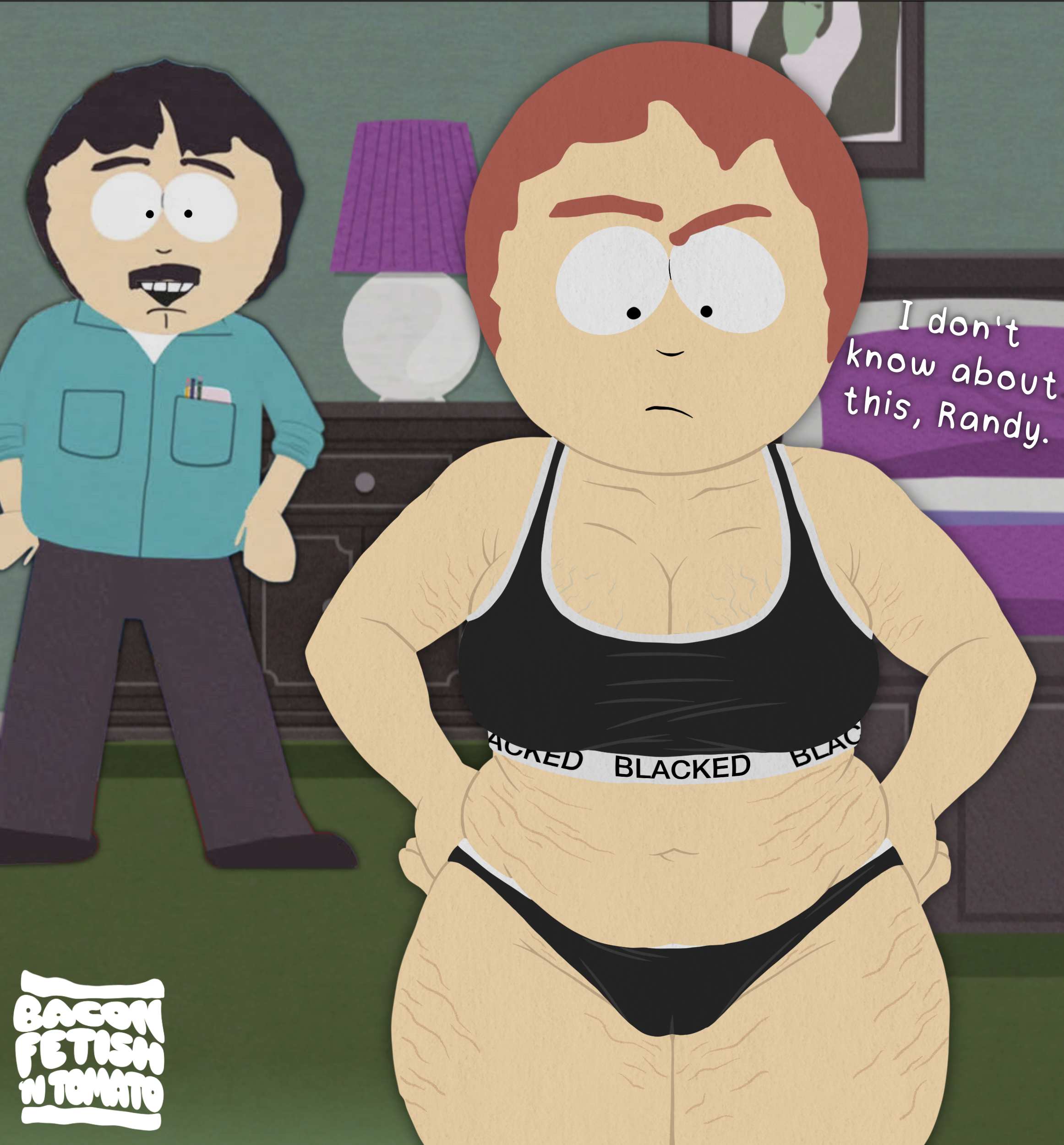 1boy, 1boy1girl, 1girls, baconfetish'ntomato, blacked, blacked clothing, breasts, cameltoe, chubby, chubby female, cleavage, comedy central, english text, husband and wife, implied cuckolding, mature female, milf, randy marsh, sharon marsh, slightly chubby, slightly chubby female, south park, speech bubble, stretch marks, text, underwear