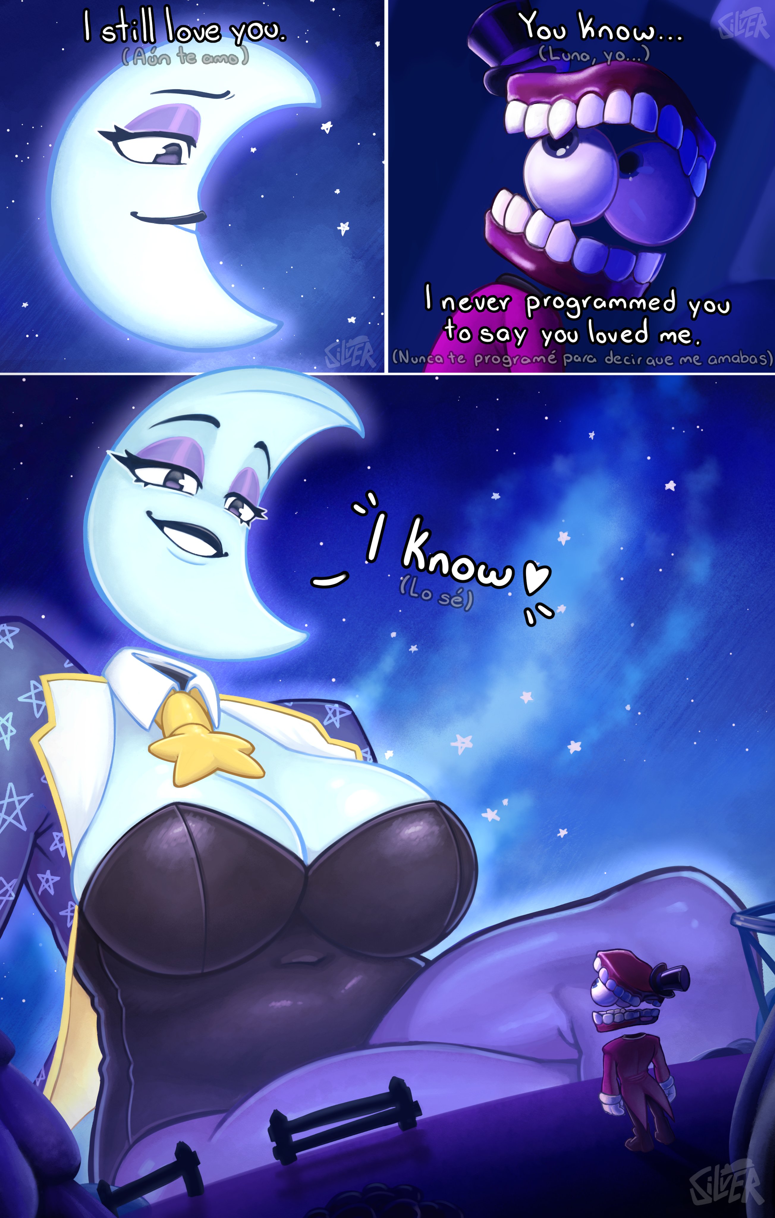 1boy, 1girls, big breasts, blue body, breasts, caine (the amazing digital circus), crossed legs, female, giantess, glitch productions, male, moon (the amazing digital circus), no sex, silverlyon2, the amazing digital circus, wholesome