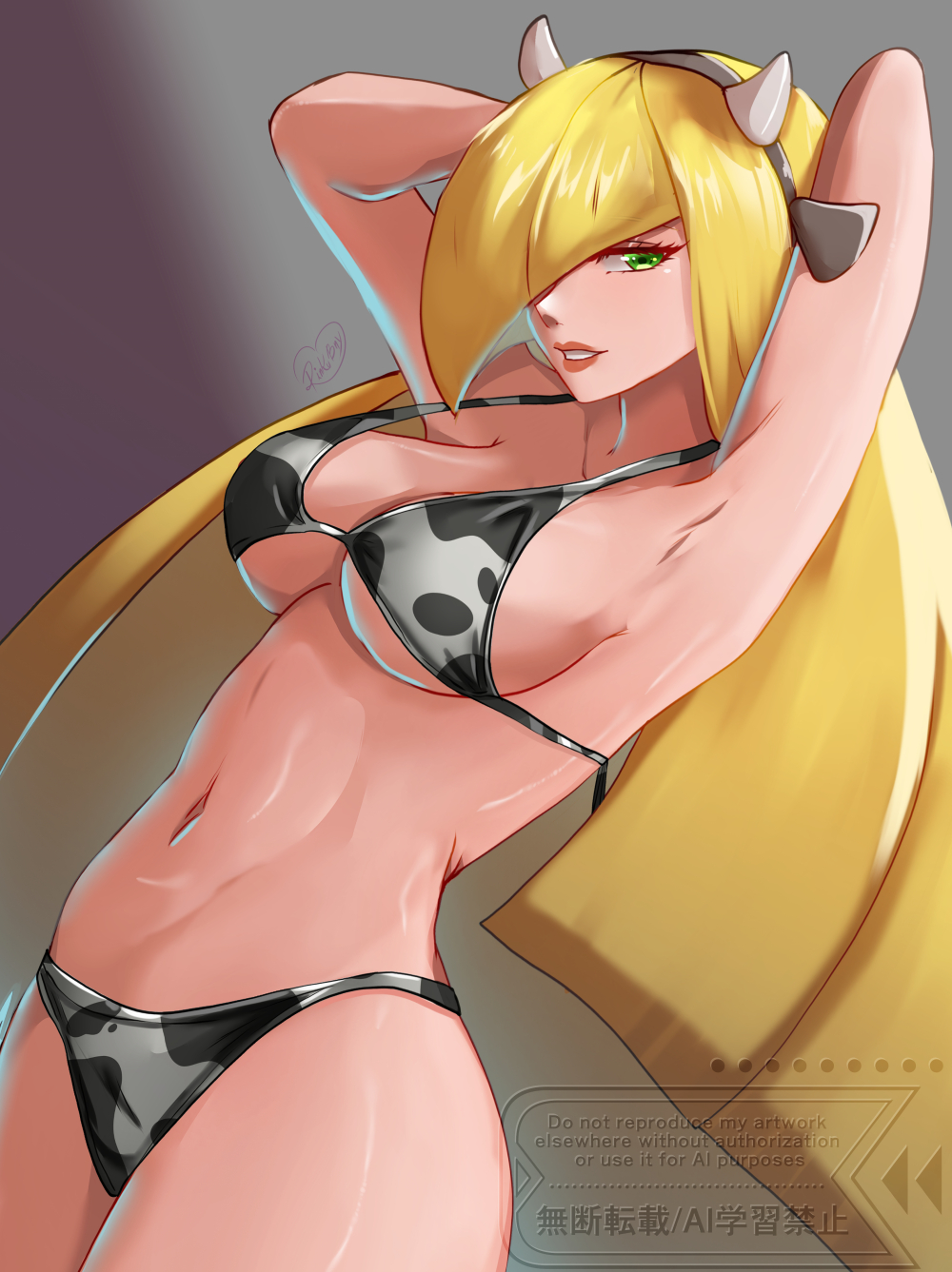 1girls, arms behind head, bikini, bikini bottom, blonde hair, bottomwear, breasts, cleavage, cow print, cow print bikini, fake animal ears, female, female only, game freak, green eyes, hair, hair over one eye, hips, lips, long hair, lusamine (pokemon), mature, mature female, mature woman, medium breasts, milf, mother, pokemon, pokemon sm, rinku bny, solo, solo female, swimwear, thighs, topwear, very long hair