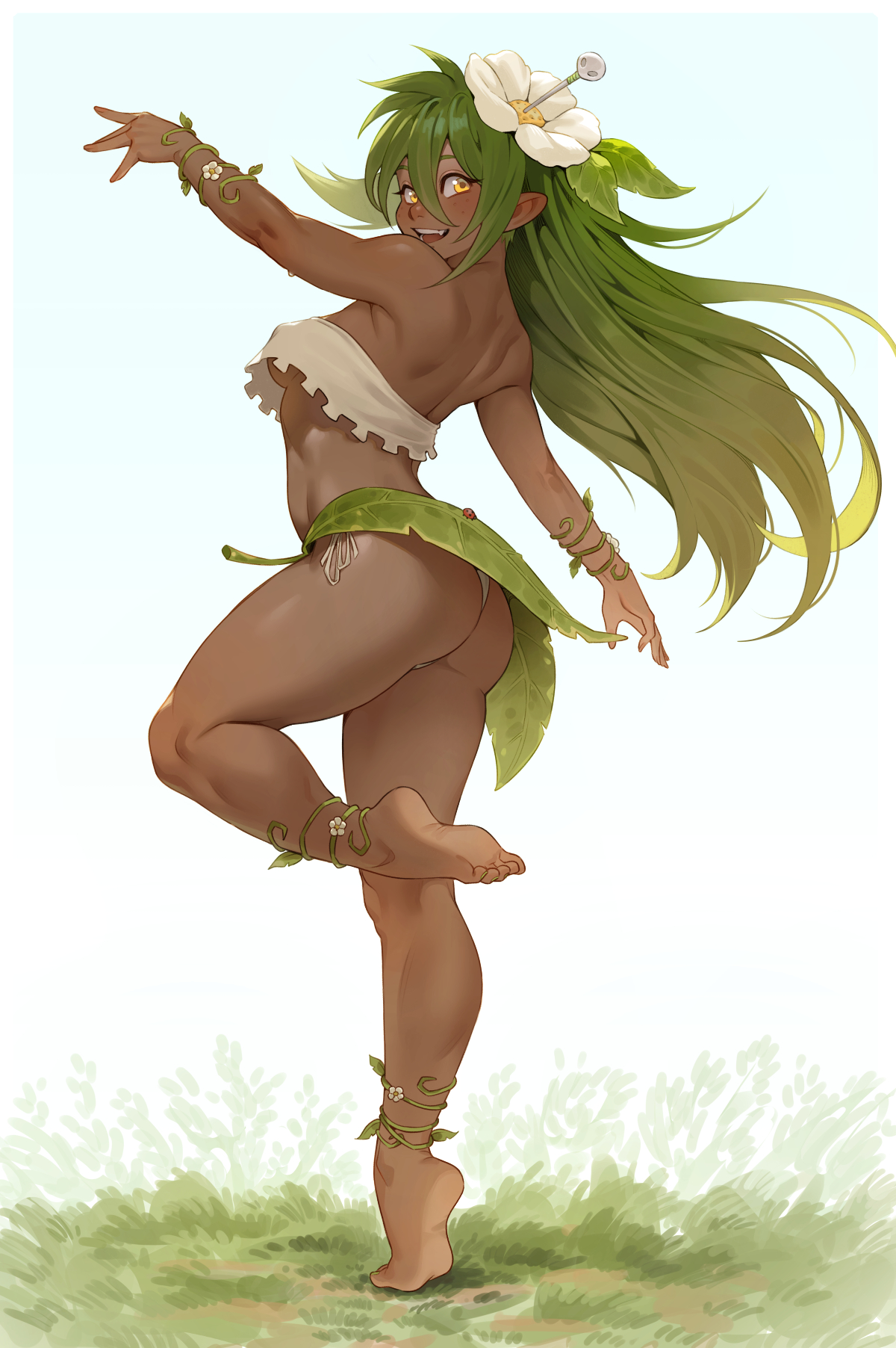 1girls, ass, barefoot, blue sky, cheshirrr, dark skin, dark-skinned female, fangs, grass, green hair, highres, leaf shirt, long hair, panties, pointy ears, sadida, side-tie panties, sky, underwear, wakfu, white panties, yellow eyes