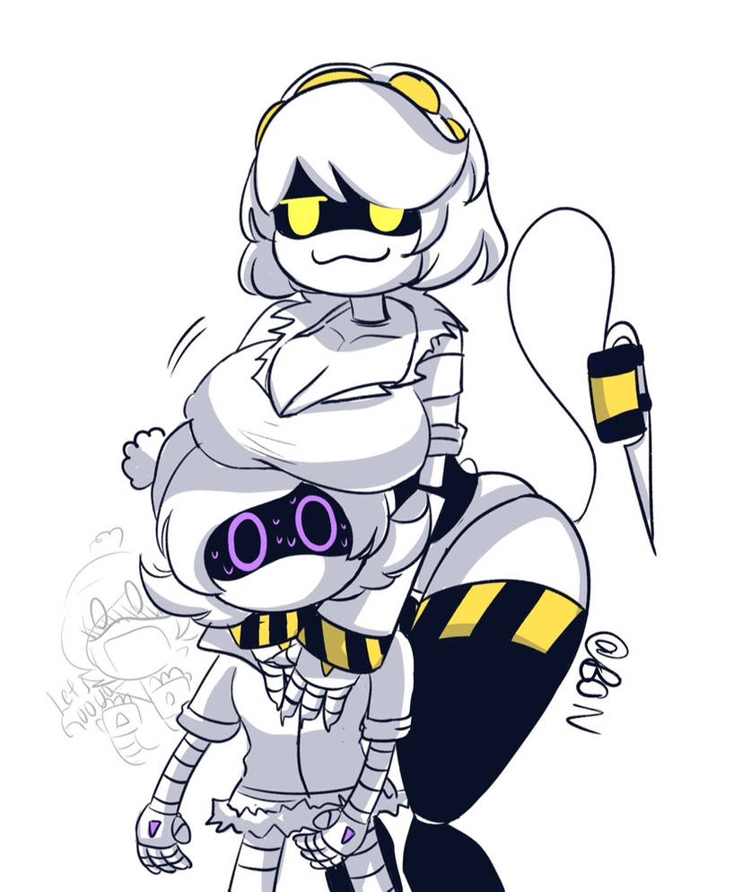 2girls big_breasts boobs breasts female female_only murder_drones tail thick_thighs thighs uzi_(murder_drones) v_(murder_drones)