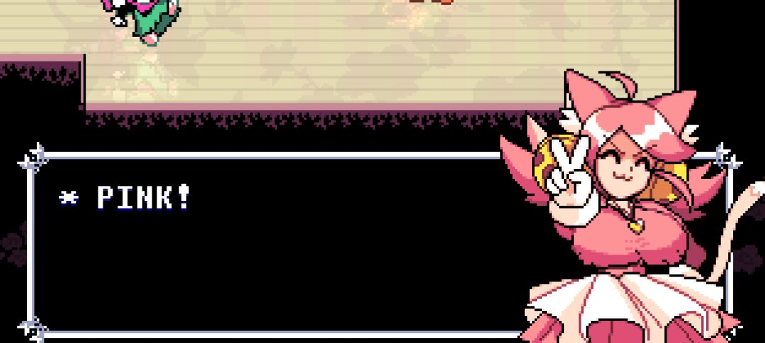:3, 2026, 2d, artist request, breasts, cat ears, cat tail, catgirl, closed eyes, deltarune, deltarune chapter 5, long hair, mad mew mew, mew mew kissy cutie, nipples visible through clothing, pink (deltarune), pink hair, pink shirt, sprite edit, text, toby fox, undertale, v sign, white gloves, white skirt