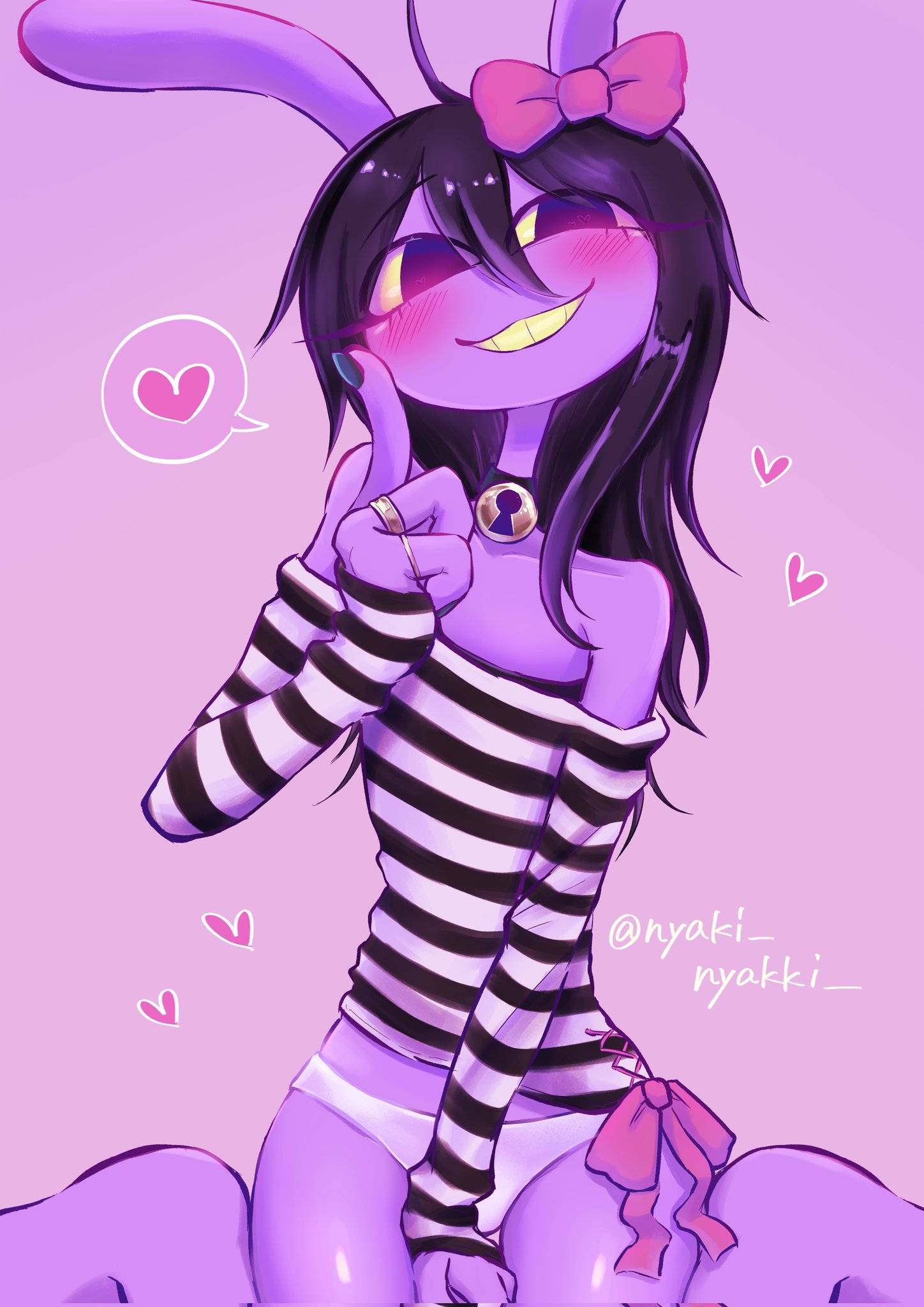 1girls, 2026, 2d, artist request, blush, bowtie, bunny ears, bunny girl, cowbell, dark hair, female, female jax, full color, glitch productions, gooseworx, gooseworx's post-transition jax design, half-dressed, heart, jax (tadc), jax (the amazing digital circus), long hair, looking at viewer, ring, sitting, smile, solo, solo focus, striped shirt, text, the amazing digital circus, trans woman, watermark, white panties
