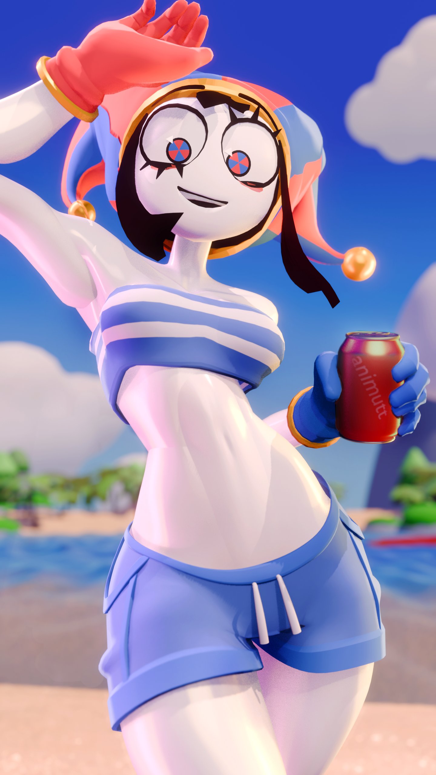 1girls, beach, clown, clown girl, clown makeup, female, female focus, female only, glitch productions, gooseworx, jester, jester cap, jester girl, jester hat, looking at viewer, pale skin, pale-skinned female, pomni, pomni (beach outfit), pomni (tadc), pomni (the amazing digital circus), smile, smiling, smiling at viewer, solo, tadc, the amazing digital circus, white skin, wide hips