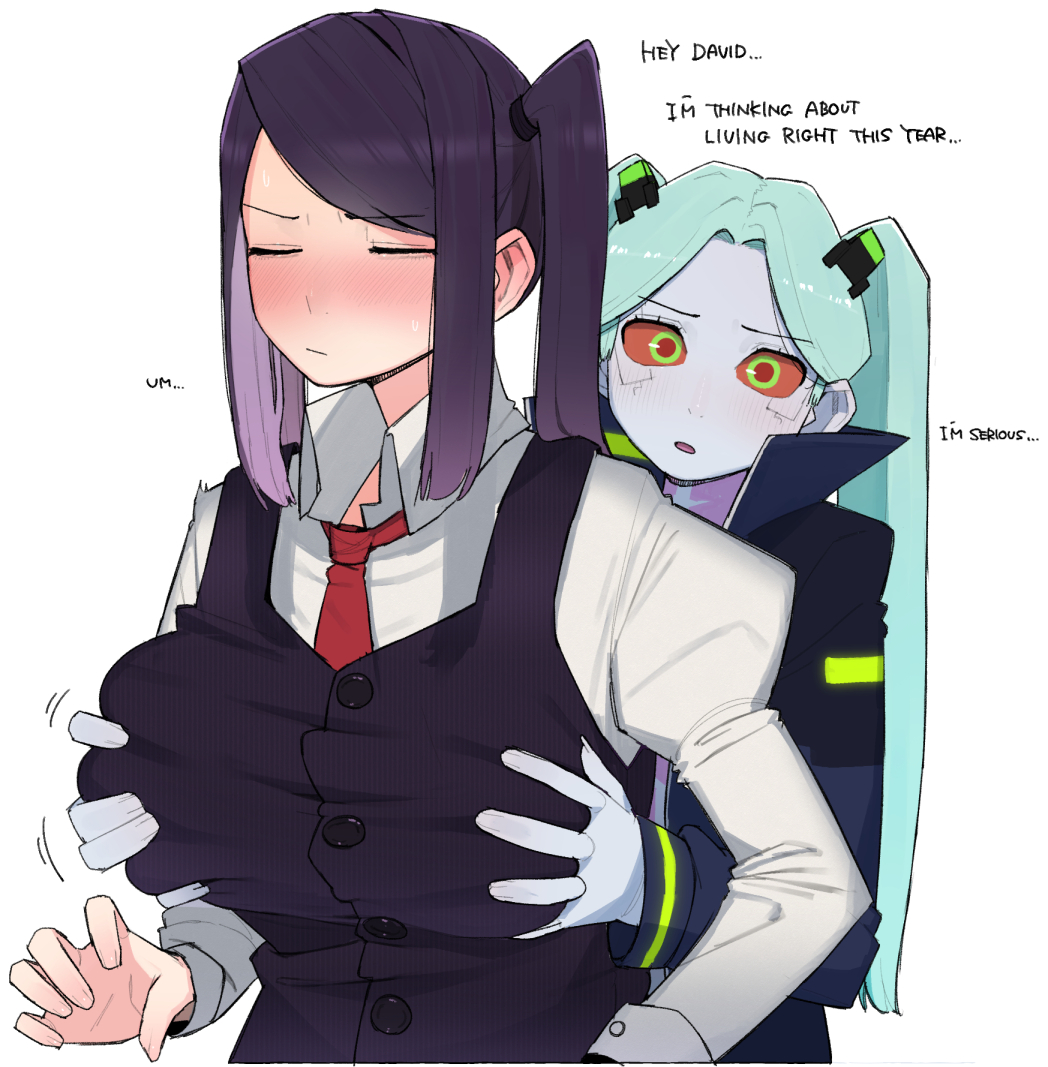 2girls, big breasts, blush, breasts, cd projekt red, closed eyes, clothing, cyberpunk 2077, cyberpunk: edgerunners, female, female only, funny, groping, groping breasts, human, jacket, julianne stingray, lesbian focus, netflix, ohasi, open mouth, outerwear, pale skin, rebecca (edgerunners), studio trigger, talking to viewer, va-11 hall-a, wholesome, yuri