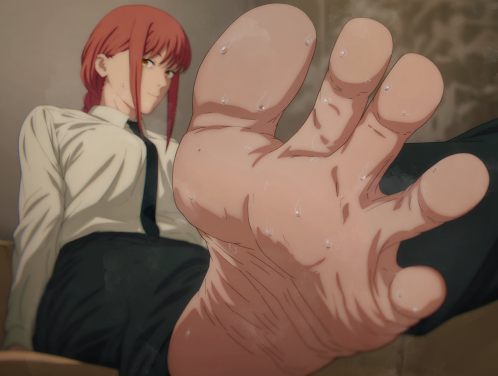 1girls, barefoot, blush, chainsaw man, feet, female, femdom, first person view, foot fetish, horny, looking at viewer, makima (chainsaw man), musk, musk clouds, musky feet, office clothing, office lady, pleasure face, pov, pov eye contact, pov feet, red hair, smell, smelly, smelly feet, solo, sweat, sweatdrop, sweating, sweaty, sweaty body, sweaty feet, timruya, wrinkled feet