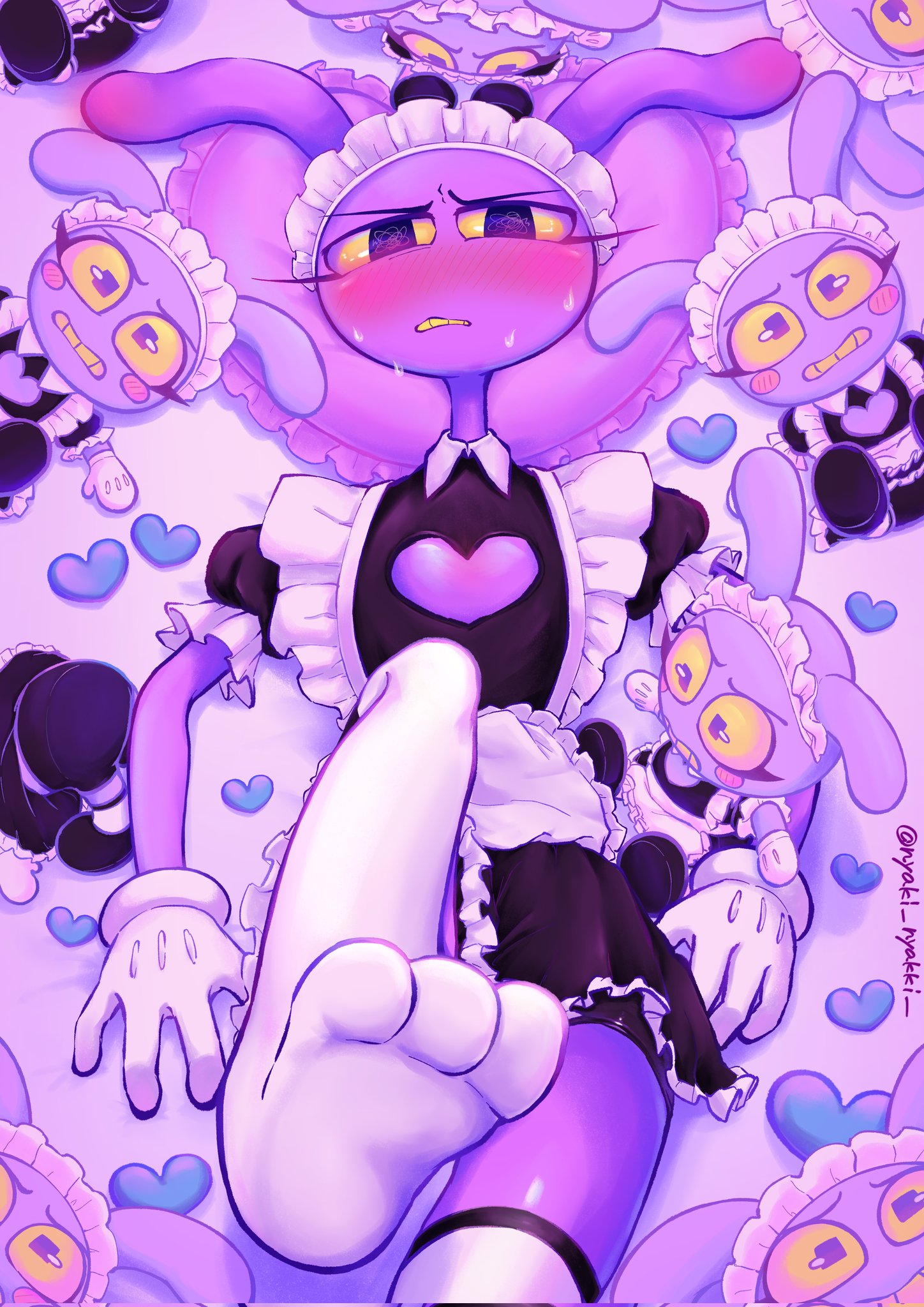 1boy, 2026, 2d, artist request, bed, blush, bunny boy, bunny ears, cleavage cutout, foot focus, glitch productions, gloves, gooseworx, heart, heart pillow, jax (tadc), jax (the amazing digital circus), looking at viewer, lying on back, lying on bed, maid, maid jax (the amazing digital circus), maid uniform, one leg up, plushie, solo, stockings, sweat, text, the amazing digital circus, trans woman (lore), watermark
