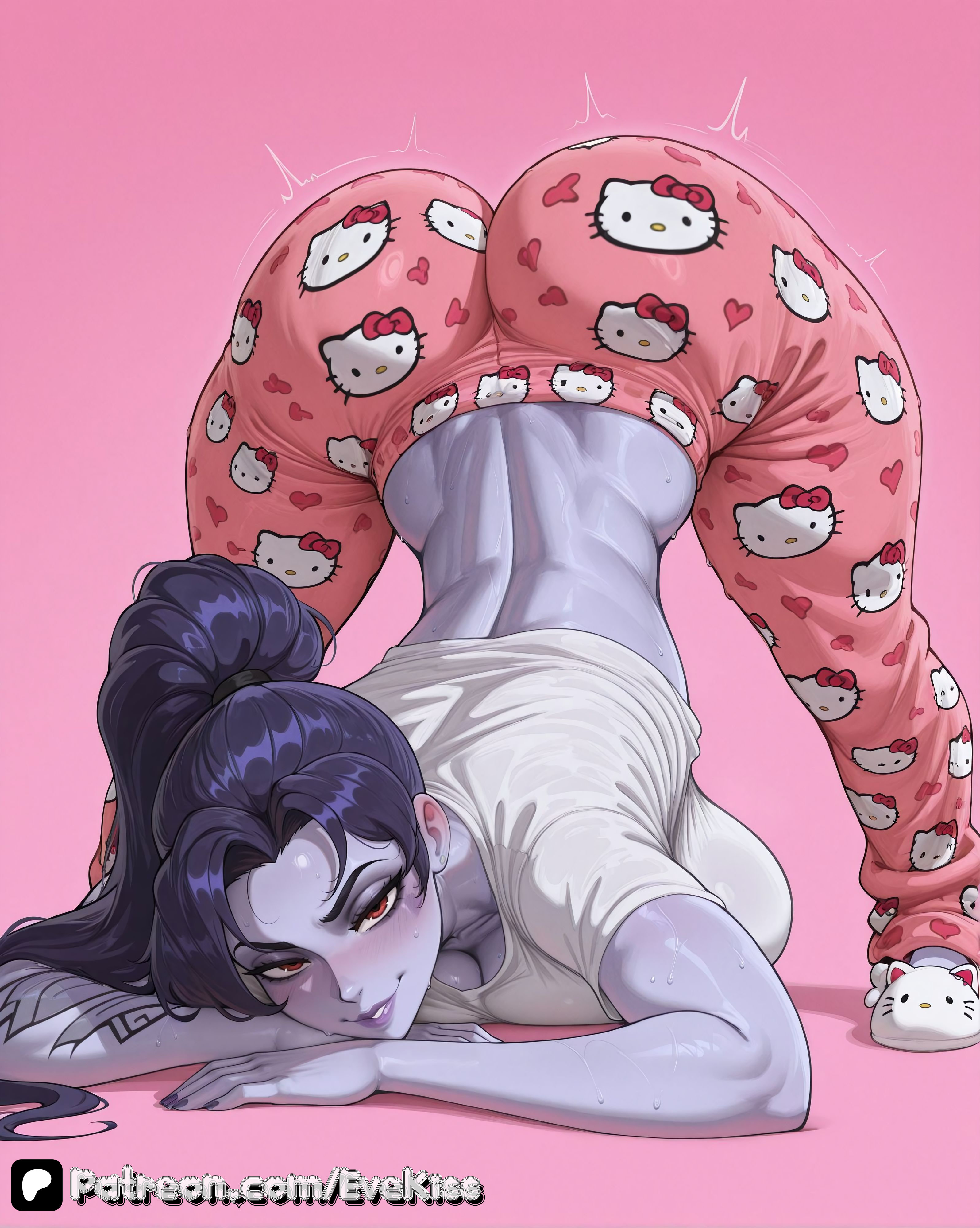 1girl, 1girls, ai generated, breasts, breasts,, camel toe, cameltoe, cleavage, clothed, clothed female, curvy, curvy figure, evekiss, female, female focus, female only, focus, fully clothed, hello kitty, hello kitty (series), jack-o pose, large breasts, long hair, makeup, nipples, nipples covered, nipples visible through clothing, overwatch, overwatch 2, pajamas, pants, ponytail, purple body, purple hair, purple skin, pussy, sfw, solo, solo female, solo focus, teeth, thick thighs, thighs, tight clothes, tight clothing, tight fit, tights, uncensored, wide hips, widowmaker, yellow eyes