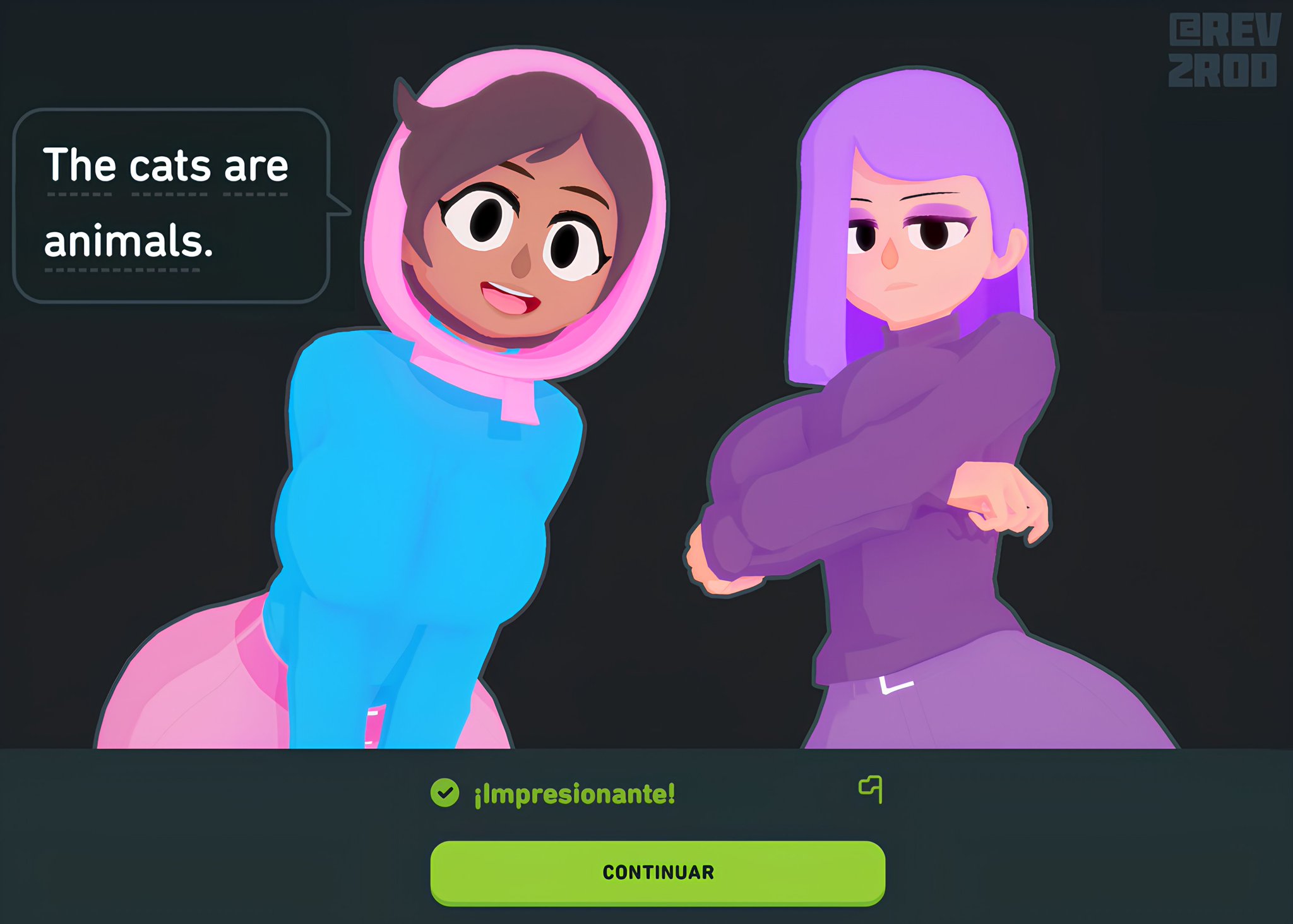 2girls, 3d, 3d (artwork), artist logo, artist name, clothed, dark background, dark-skinned female, duo female, duolingo, gameplay mechanics, light-skinned female, lily (duolingo), purple hair, rev2rod, short hair, tagme, zari (duolingo)