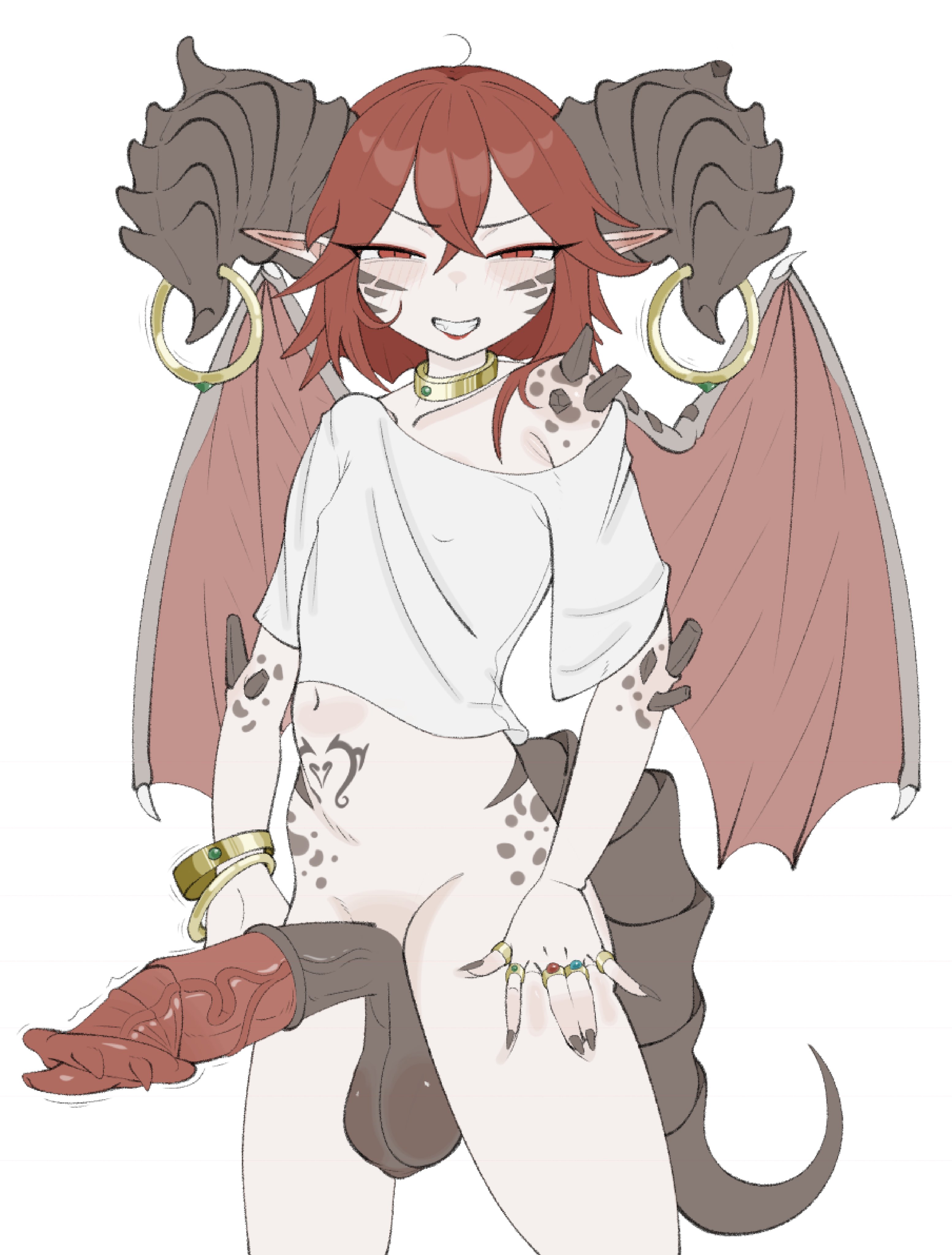 1futa, animal genitalia, bottomless, futa only, futanari, h3nwe, horns, looking at viewer, small breasts, solo