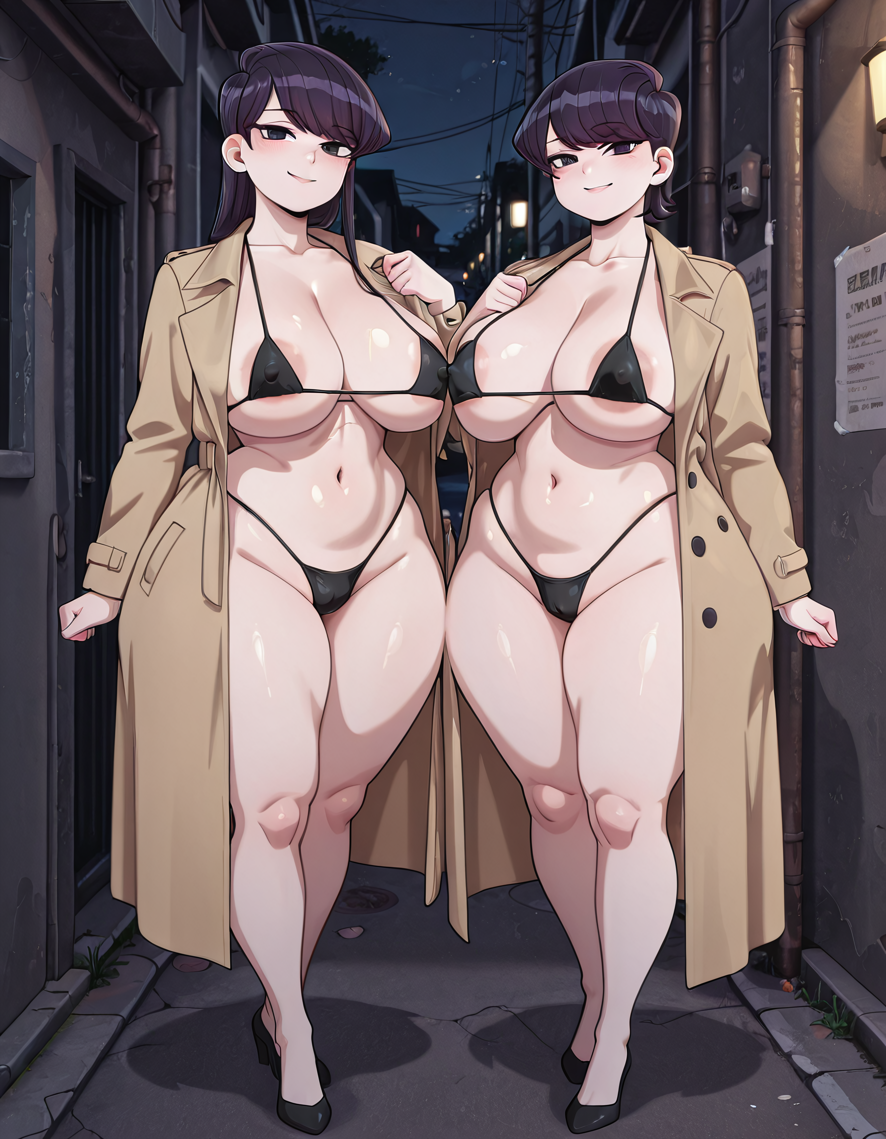ai generated, alley, inminent rape, komi shouko, komi shuuko, komi-san wa komyushou desu, micro bikini, mother and daughter, night, voluptuous female