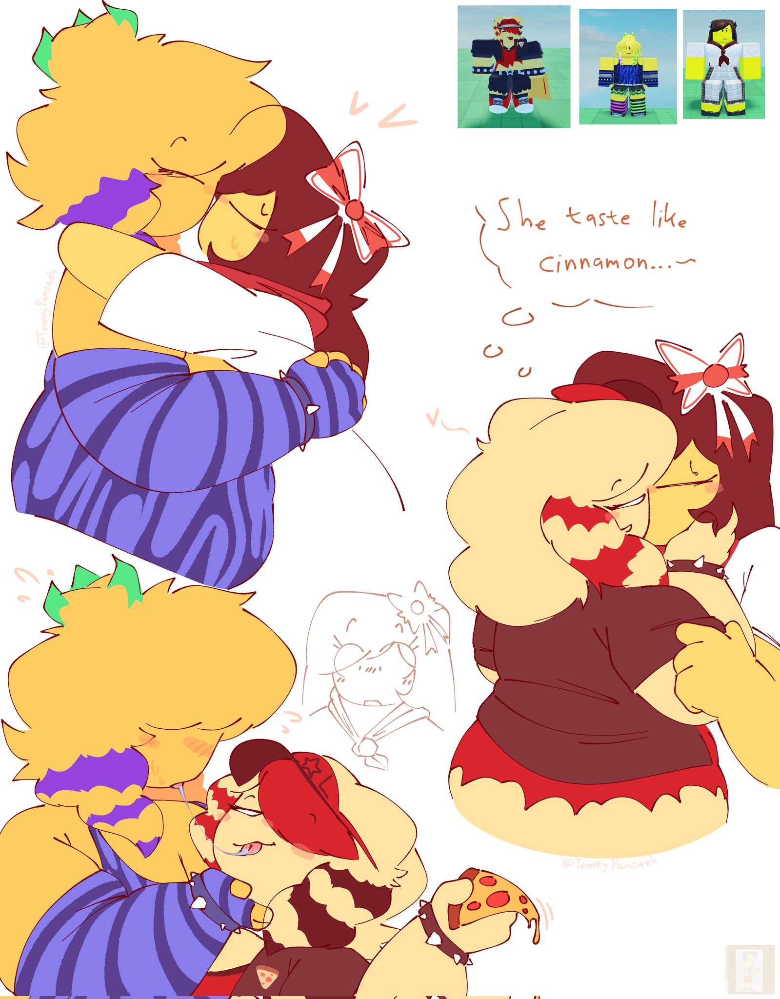 baker (forsaken), elliot (forsaken), forsaken (roblox), hands on cheeks, hearts around head, holding pizza, hugging while kissing, kissing, reference image, roblox, roblox game, robloxian, scene noob, scenecore elliot, siliva, spiked bracelet, text, thinking bubble, yuri, zavie (forsaken)