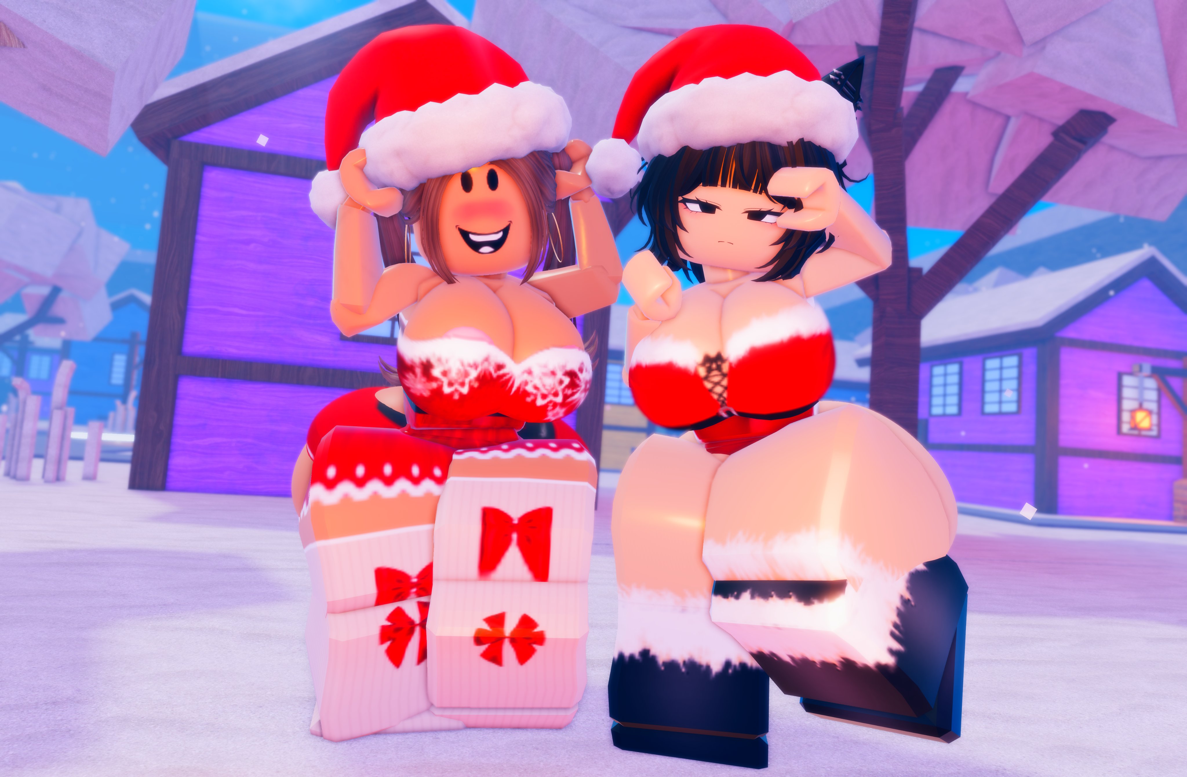 2girls, 3d, ass, ass focus, big ass, big breasts, blush, blushing, christmas, christmas outfit, curvy, donquiotedd, female, female focus, female only, light skin, light-skinned female, nipple slip, presenting, presenting hindquarters, roblox, roblox avatar, robloxian, santa hat, self upload, snow, stockings, thick ass, thick legs, thick thighs, winter