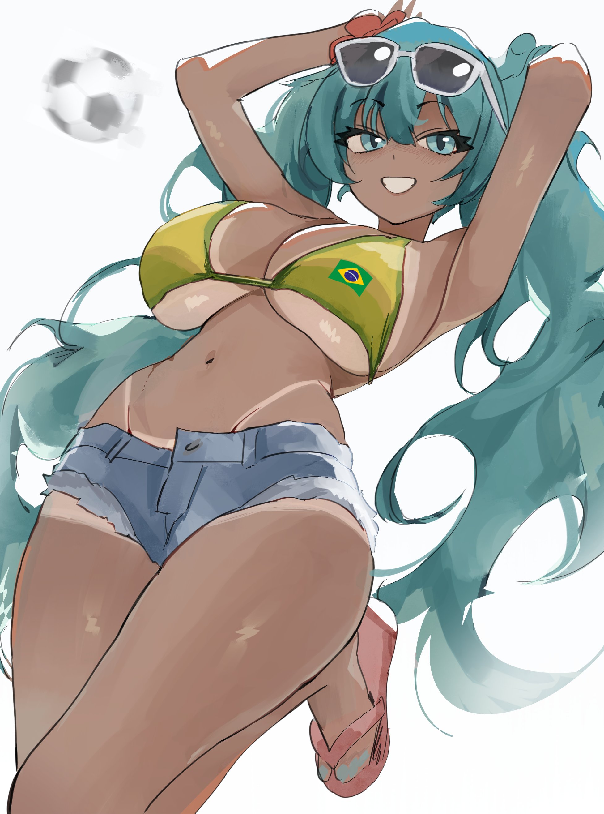 1girl, absurdres, aqua hair, armpits, arms up, ball, bare arms, bikini, brazilian flag, brazilian flag bikini, brazilian flag print, brazilian miku, breasts, commentary, dark skin, dark-skinned female, denim, denim shorts, english commentary, eyewear on head, flag print, flag print bikini, flip-flops, flower, grin, hair flower, hair ornament, hatsune miku, highres, kylesminecraft, long hair, navel, open mouth, print bikini, sandals, shorts, smile, soccer ball, solo, stomach, sunglasses, swimsuit, tan, tanline, twintails, vocaloid, white-framed eyewear, yellow bikini