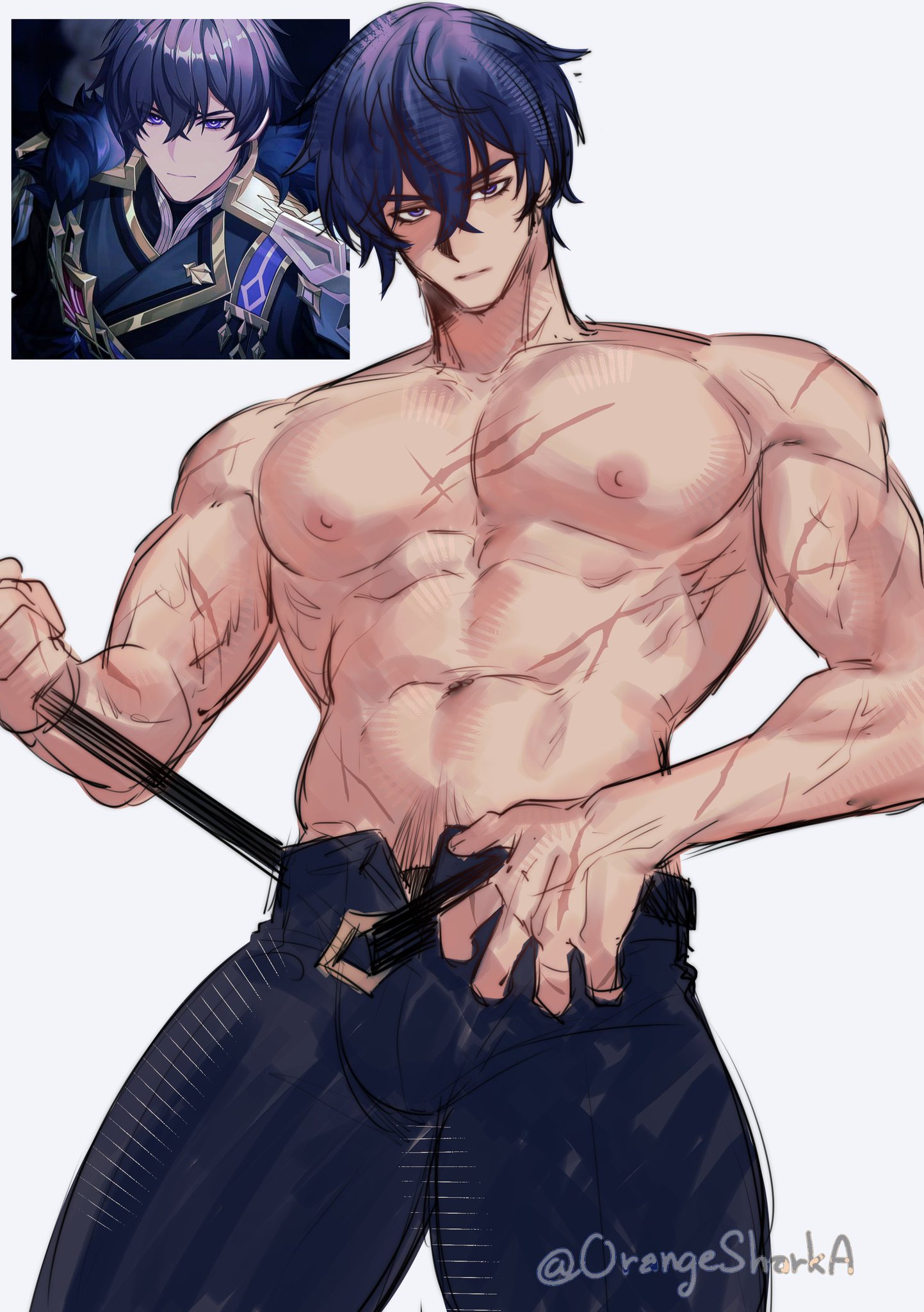 1boy, abs, belt, genshin impact, happy trail, male, male only, male solo, nipples, purple eyes, purple hair, scars, solo, solo male, valeriy (genshin impact)