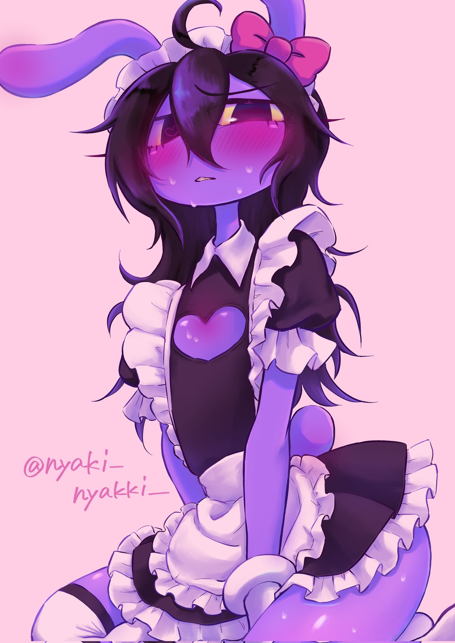 1girls, 2026, 2d, artist request, blush, bunny ears, bunny girl, bunny tail, cleavage cutout, dark hair, female jax, full color, glitch productions, gloves, gooseworx, gooseworx's post-transition jax design, heart eyes, jax (tadc), jax (the amazing digital circus), long hair, looking at viewer, maid, maid jax (the amazing digital circus), maid uniform, purple skin, sitting, solo, solo focus, stockings, sweat, text, the amazing digital circus, trans woman, trans woman (lore), watermark