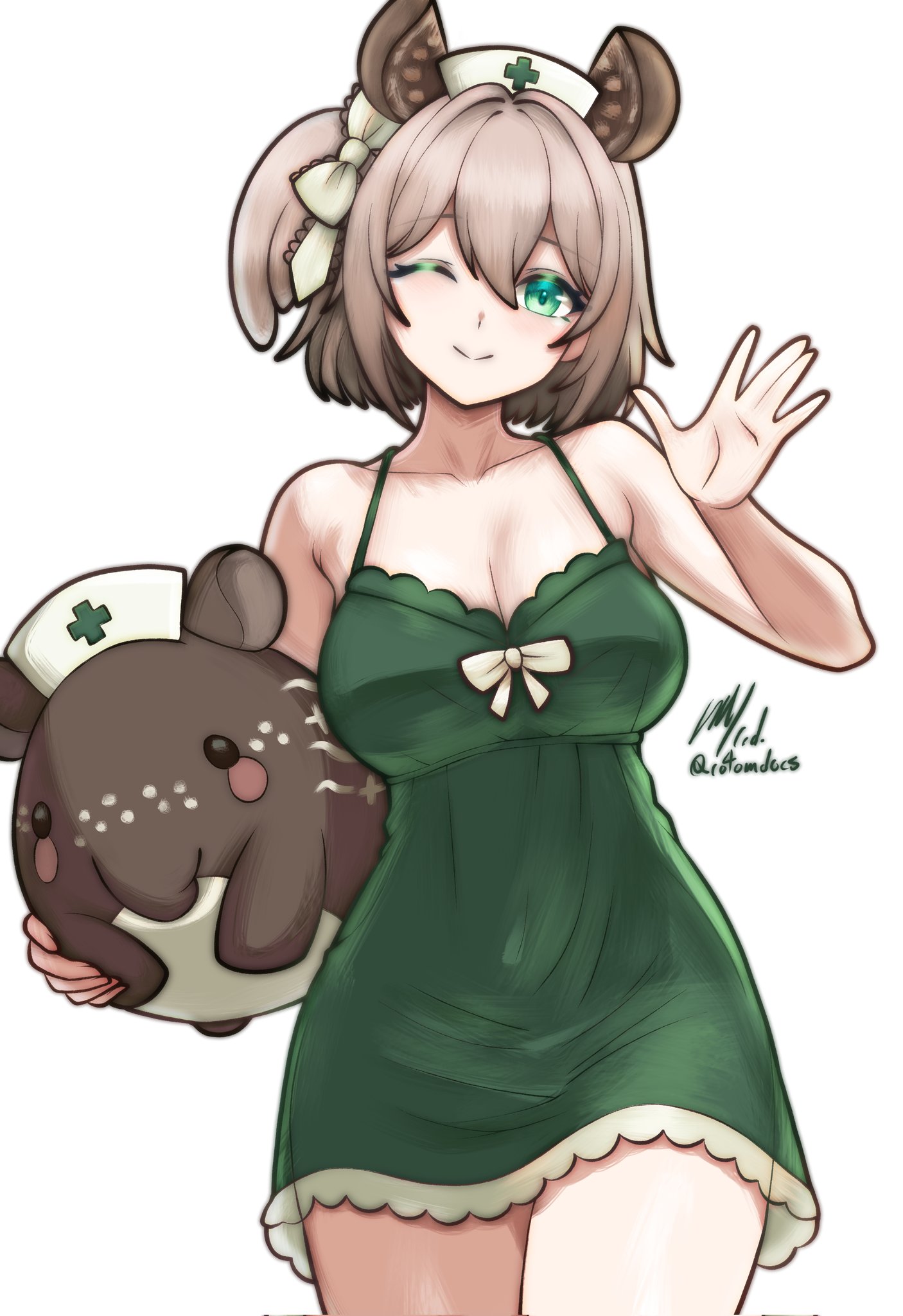 :), 1girls, animal ears, babydoll, bare shoulders, big breasts, breasts, brown hair, cleavage, clothed, collarbone, dress, eyelashes, female, female only, green eyes, head tilt, holding creature, holding object, kemonomimi, light hair, light skin, light-skinned female, nimi nightmare, nimi nightmare (tapir), nurse cap, one eye closed, rotomdocs, side ponytail, smile, solo, standing, tapir, thighs, virtual youtuber, waving, waving at viewer, wink, winking at viewer