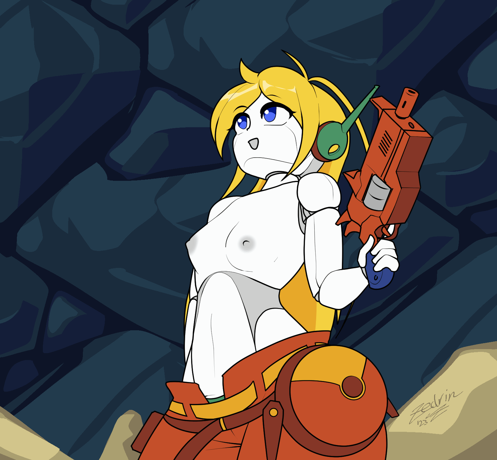 1girls, 2023, animated, big breasts, blonde hair, blue eyes, breast expansion, breast growth, breast growth (enlargement), breasts, casual, cave story, clothed, clothing, curly brace, female, female only, firearm, gift, grey nipples, gun, handgun, headgear, headwear, huge breasts, large breasts, long hair, machine, nipple bulge, nipple slip, nipples, nonsexual, nonsexual nudity, pale skin, pants, pointy breasts, revolver, robot, robot girl, robot humanoid, shirt, solo, solo female, text, text box, topwear, underboob, weapon, white body, zedrin