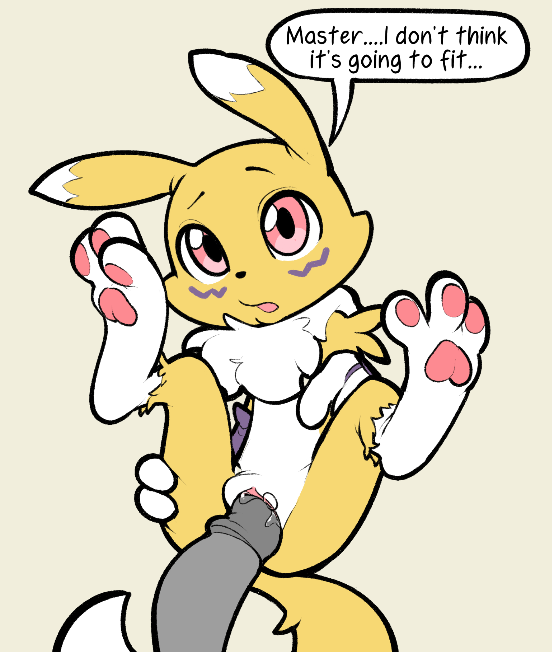 1boy, 1girls, 2025, 3 fingers, 3 toes, age difference, aged down, almost inserted, anthro, anthro female, anthro penetrated, armwear, bandai namco, biped, black nose, black text, canid, cheek tuft, clothing, cub, dialogue, digimon, digitigrade, dipstick tail, disembodied penis, duo, ear markings, english, english text, eyebrows, faceless, faceless character, faceless human, faceless male, facial markings, facial tuft, featureless chest, feet, female, female anthro, female cub, female focus, female on human, female penetrated, fingers, first person view, flat chested, fur, furry, furry female, genitals, glans, grey glans, grey penis, head markings, hi res, human, human male, human on anthro, human penetrating, human penetrating anthro, human pov, humanoid genitalia, humanoid penis, interspecies, it'll never fit, itsunknownanon, just the tip, larger human, larger male, looking at viewer, male, male human, male human/female anthro, male human/female cub, male on anthro, male penetrating, male penetrating female, male pov, male/female, mammal, markings, master, mostly nude, mostly nude anthro, mostly nude female, multicolored body, multicolored ears, multicolored fur, older human, older male, older male and younger female, older on younger, open mouth, pawpads, paws, penetration, penile, penile penetration, penis, penis in pussy, pink eyes, pink pawpads, prodding, purple armwear, purple clothing, purple markings, pussy, renamon, ruff, sex, shallow penetration, simple background, size difference, smaller anthro, smaller female, soles, solo focus, speech bubble, tail, tail markings, talking to viewer, text, toes, tuft, two-tone body, two-tone ears, two-tone fur, two-tone tail, url, vagina, vaginal penetration, white body, white ear tips, white ears, white fur, white tail, white tail tip, yellow body, yellow eyes, yellow fur, yellow tail, young, young anthro, young female, younger anthro, younger female