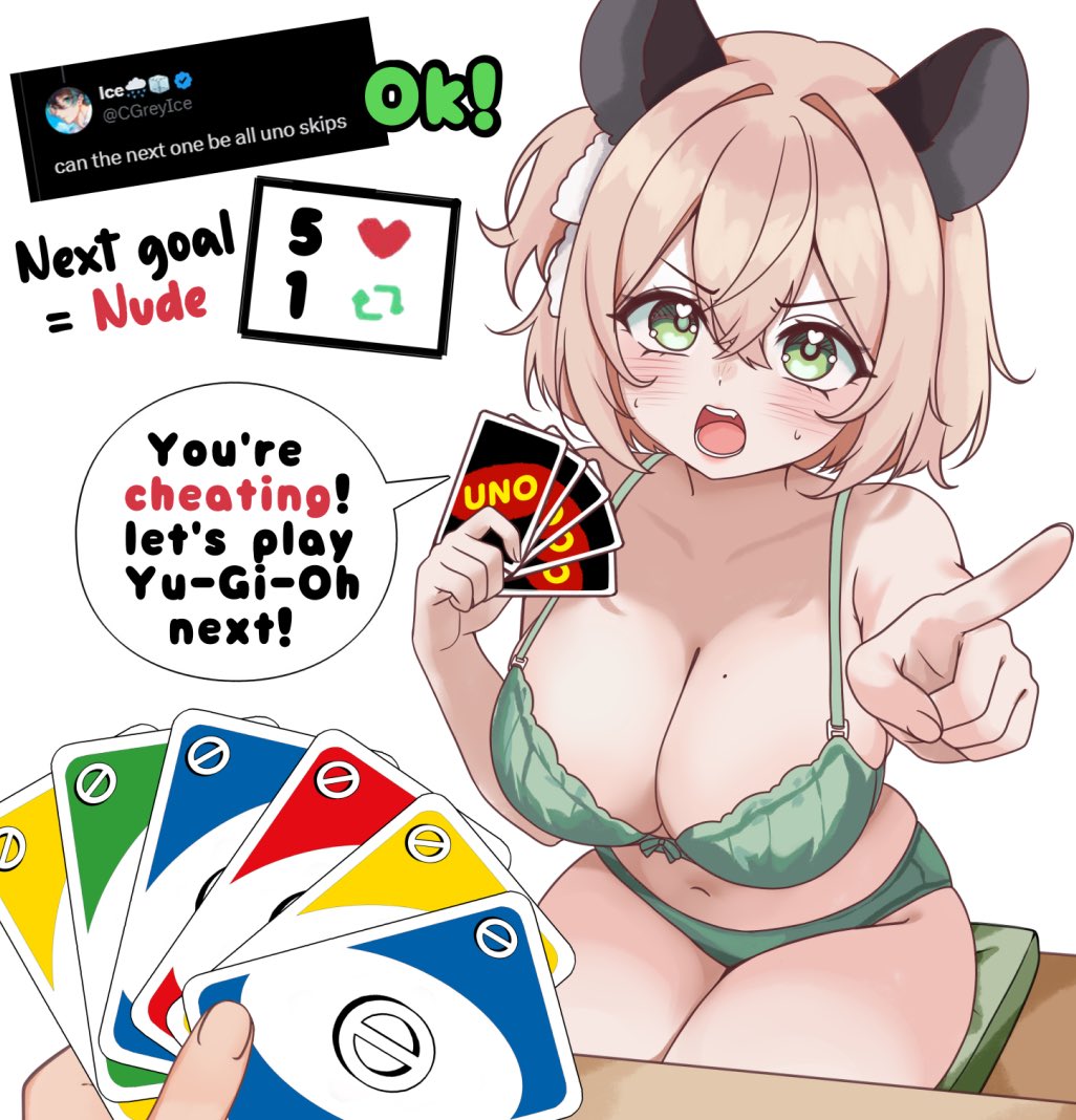 1girls, 1other, ambiguous gender, big breasts, blonde hair, blush, bow, bow bra, bra, breasts, cleavage, female, green bra, green eyes, green panties, indie virtual youtuber, kemonomimi, large breasts, light skin, light-skinned female, lingerie, moshiedraws, nimi nightmare, open mouth, panties, pov, short hair, simple background, strip game, sweat, tagme, twitter, underwear, uno (game), uno card, virtual youtuber, vtuber, white background
