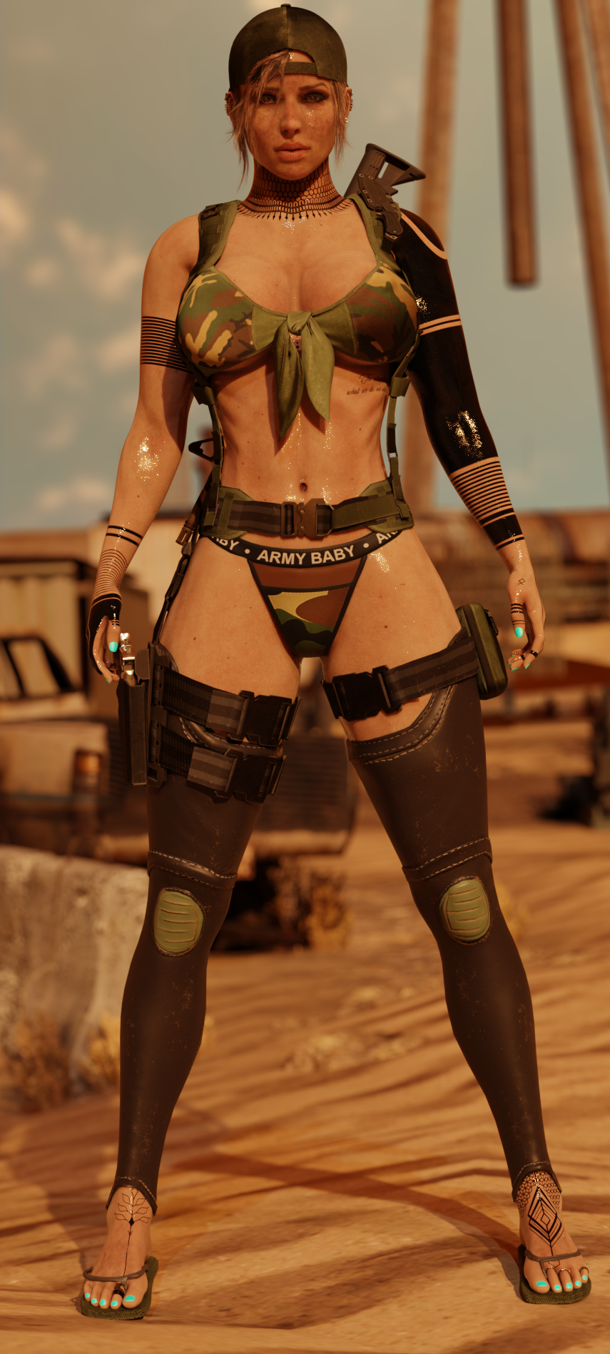 1girls 3d armed athletic athletic_female backwards_cap backwards_hat bad_bitch big_ass big_breasts big_thighs bikini blender blender_cycles blue_nail_polish blue_nails breasts brown_eyes brown_hair camouflage cap desert female female_only flip_flops glistening_body gun harness highres huge_breasts impractical_armor impractical_clothing impractical_outfit lara_croft lara_croft_(classic) leg_wraps light_skin long_hair long_nails military nail_polish nipple_bulge panties pinup sandals self_upload solo sweat sweatdrop sweating tattoo tattoos thick_ass thick_thighs tomb_raider weapon writing_on_clothes your__waifu