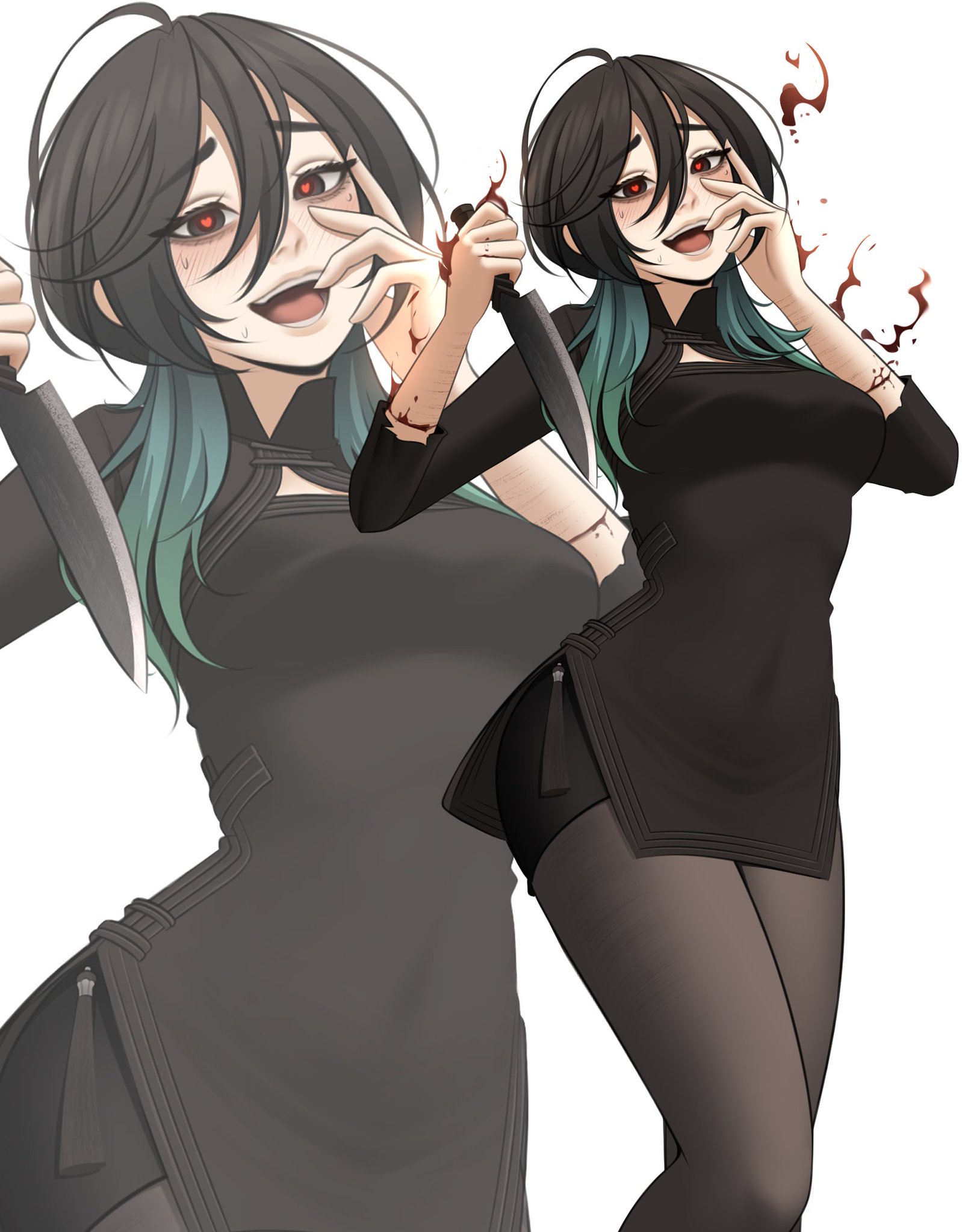 1girls, 2025, 2d, 2d (artwork), crazy eyes, crazy female, dark hair, female, female focus, female only, gokurakugai, hi res, high quality, high resolution, highres, knife, sfw, shinchiiart, short hair, simple background, solo, solo female, solo focus, teenage girl, teenager, utsuro