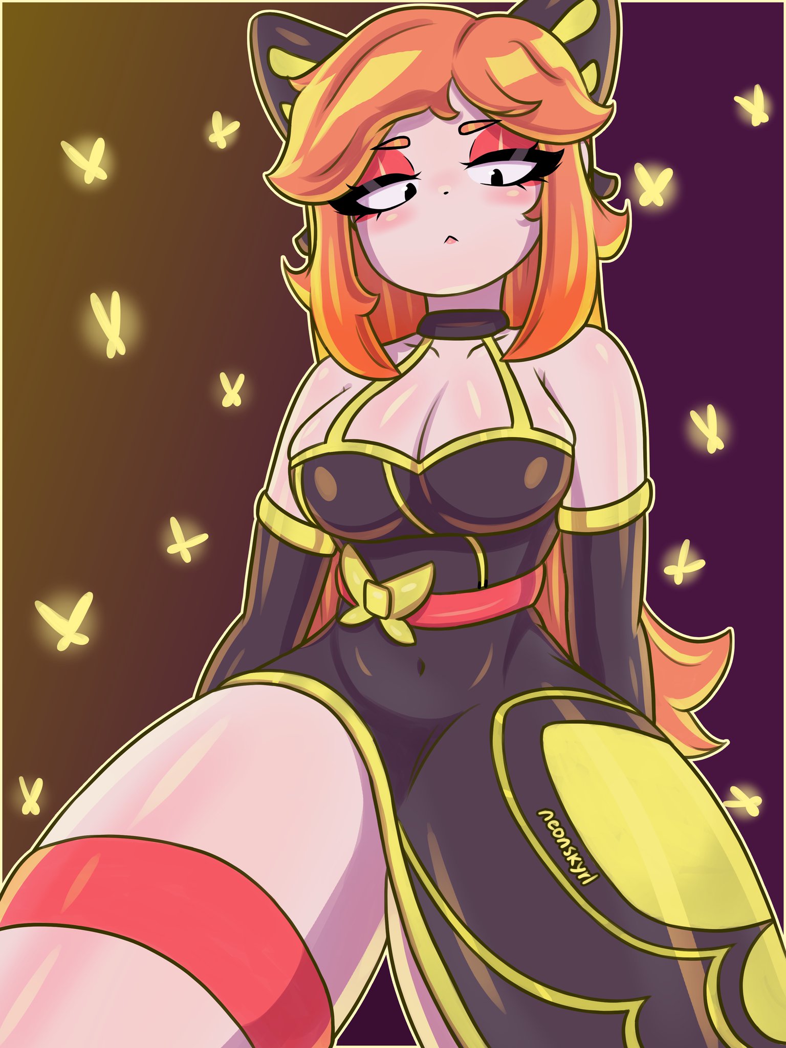 1girls, big breasts, black dress, brawl stars, breasts, butterfly hair ornament, dress, female, long dress, long hair, looking down, mariposa piper (brawl stars), orange hair, piper (brawl stars), thick thighs
