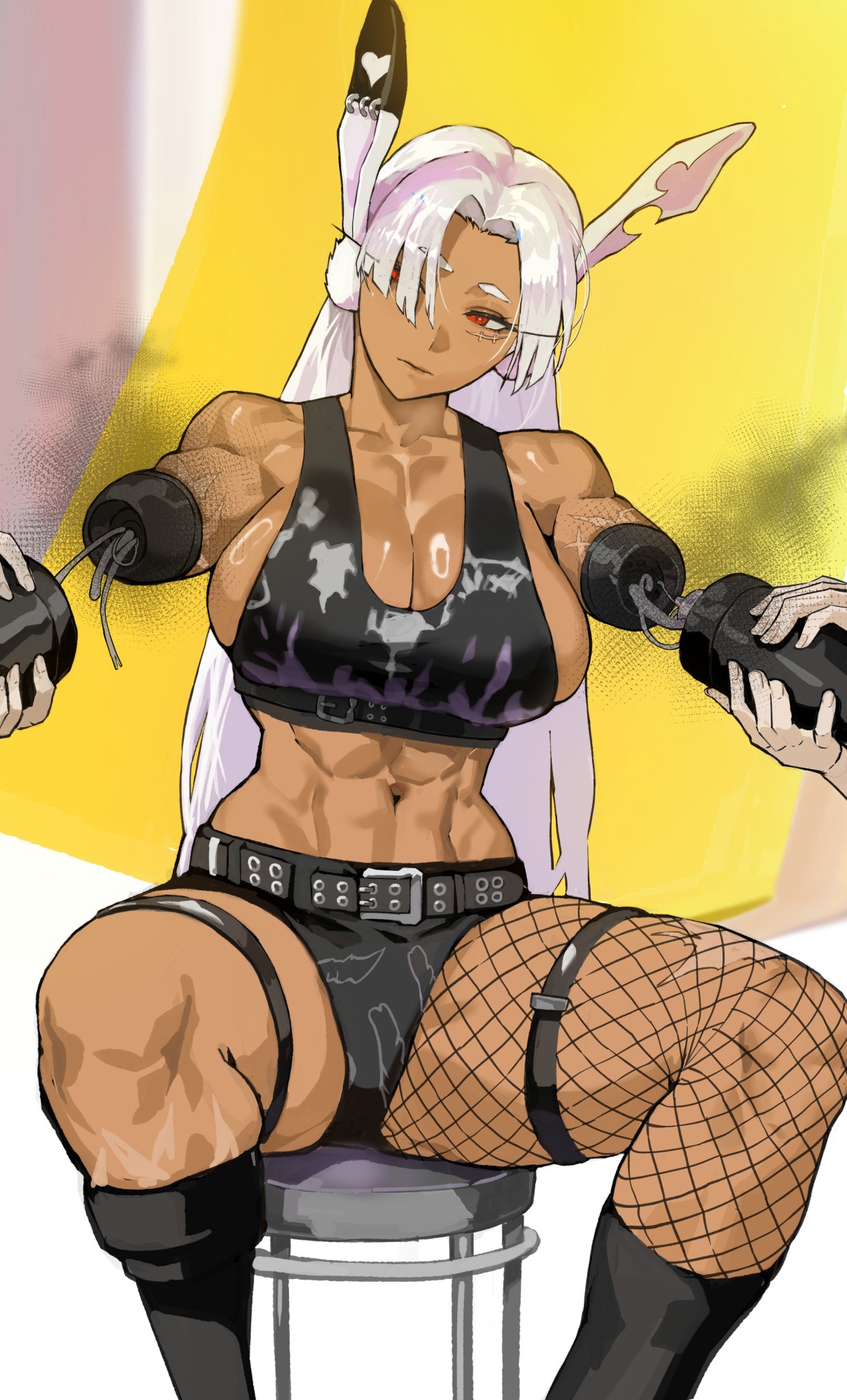 amputee, armless, big breasts, breasts, bunny ears, bunny girl, dae amputee, dark skin, dark-skinned female, double amputee, female, long hair, mechanical arm, mirko, miruko, muscular, muscular female, my hero academia, ongjolpark, rabbit ears, rabbit girl, red eyes, rumi usagiyama, spread legs, thick thighs, thighs, white hair