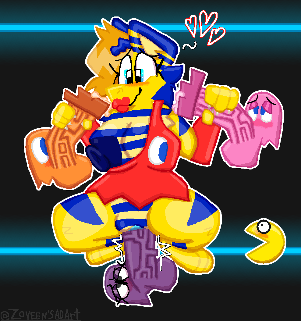 antennae_(anatomy) anthro blinky_(pac-man) bodily_fluids clothing clyde_(pac-man) cuffs_(clothing) dragon dress female fur furred_dragon furred_scalie genital_fluids ghost ghost_(pac-man) group heart_eyes heart_symbol honeycomb_(zoyeensadart) lipstick looking_pleasured makeup male male/female mythological_creature mythological_scalie mythology pac-man pac-man_(series) pac-person pinky_(pac-man) precum scalie small_but_hung spirit sue_(pac-man) zoyeensadart