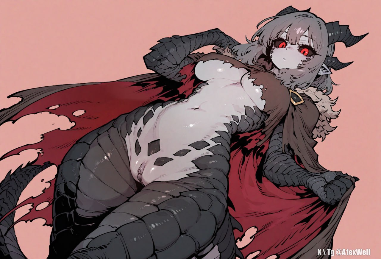1girls, a1exwell, ai generated, black pussy, black sclera, cape, dragon girl, dutch angle, female, grey hair, grey skin, horns, looking at viewer, looking down at viewer, low-angle view, monster girl, pussy, red eyes, ridged tail, ripped clothing, stable diffusion, wide hips
