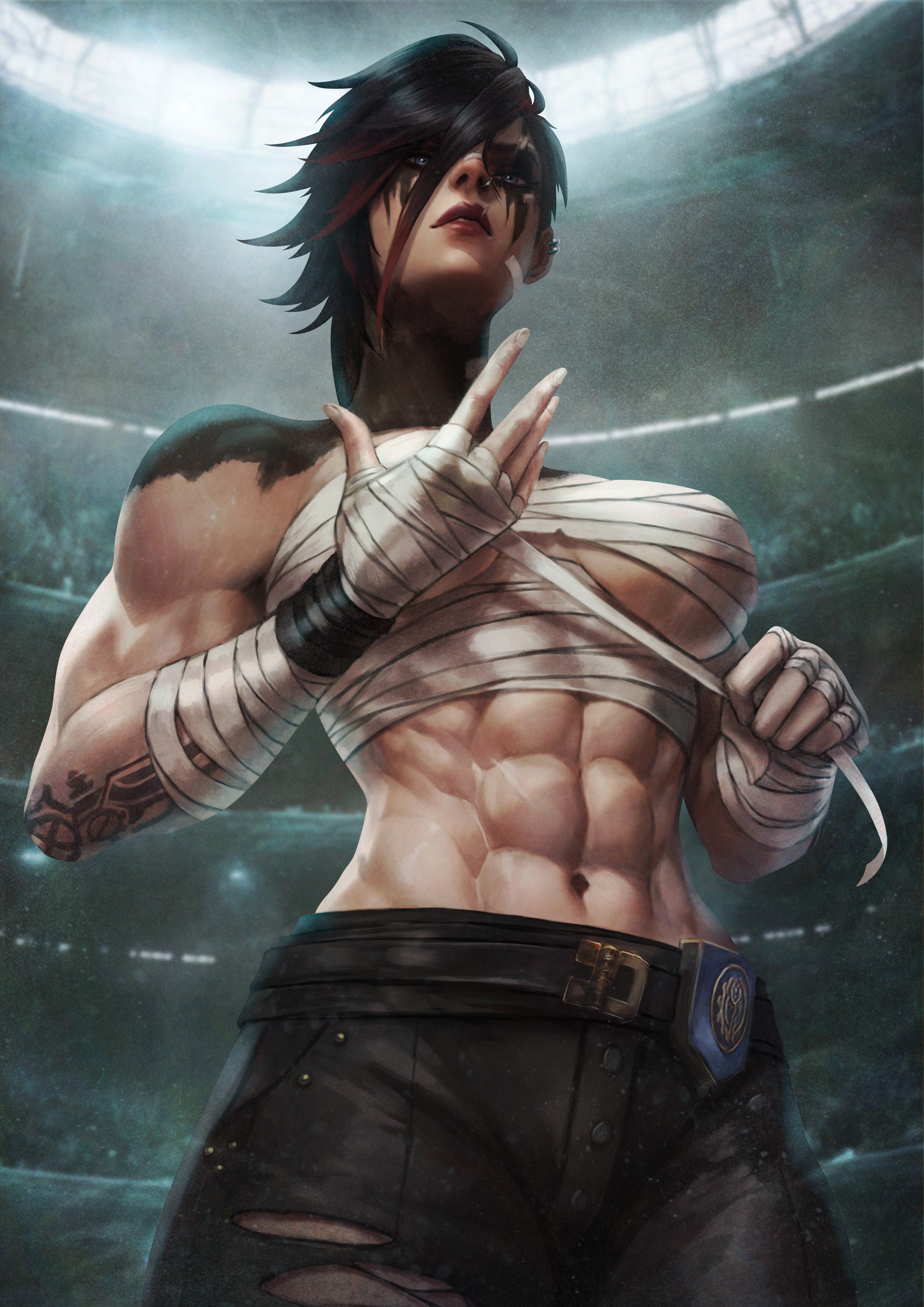 1girls, abs, arcane, arcane brawler vi, arena, bandage, bandaged arm, black hair, breast bandage, breasts, ear piercing, female, female focus, female only, goth, goth girl, league of legends, makeup, monorirogue, muscular, muscular female, nose piercing, piercing, riot games, short hair, solo, solo female, solo focus, standing, tattoo, tattooed arm, vi